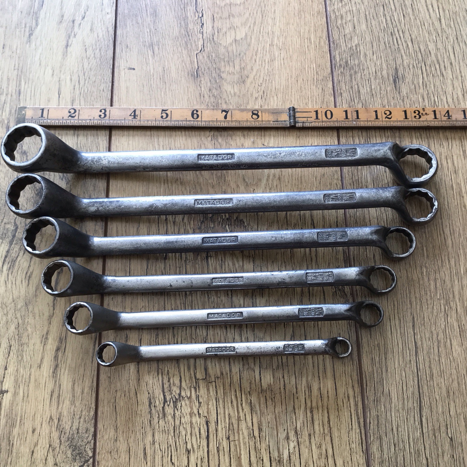 6 vintage Matador Whitworth Ring Spanners 9/16” W to 1/8″W classic car. E