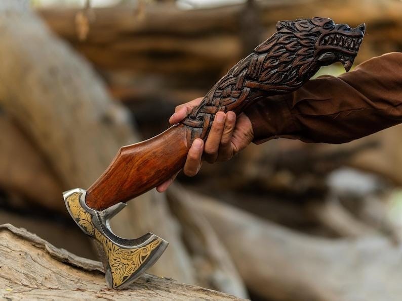 Custum Hand forged hand carving wolf Axe best birthday gift,gift for him/her,