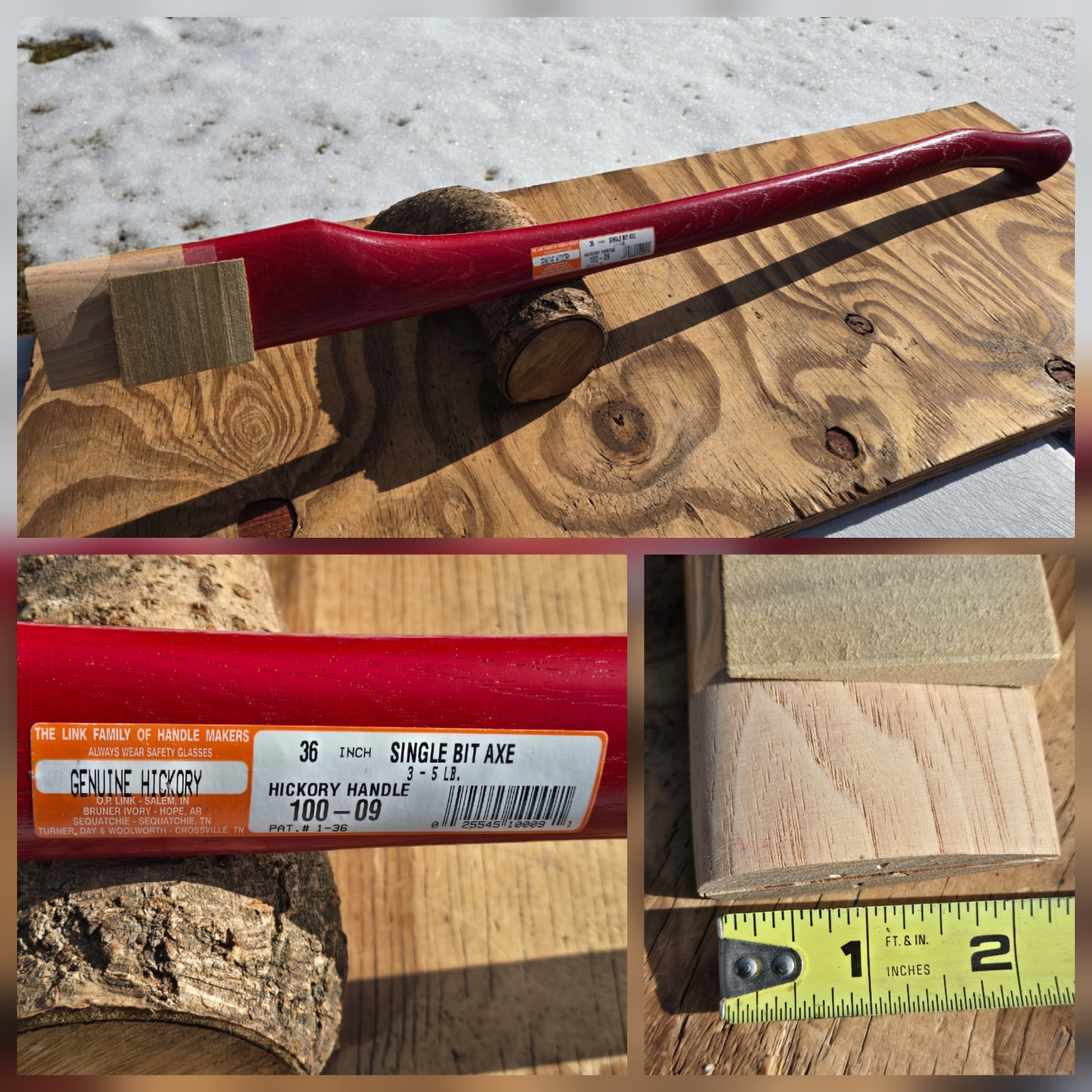 NOS Vintage O.P. Link Genuine Hickory 36” Curved Single Bit Red Axe Handle plumb