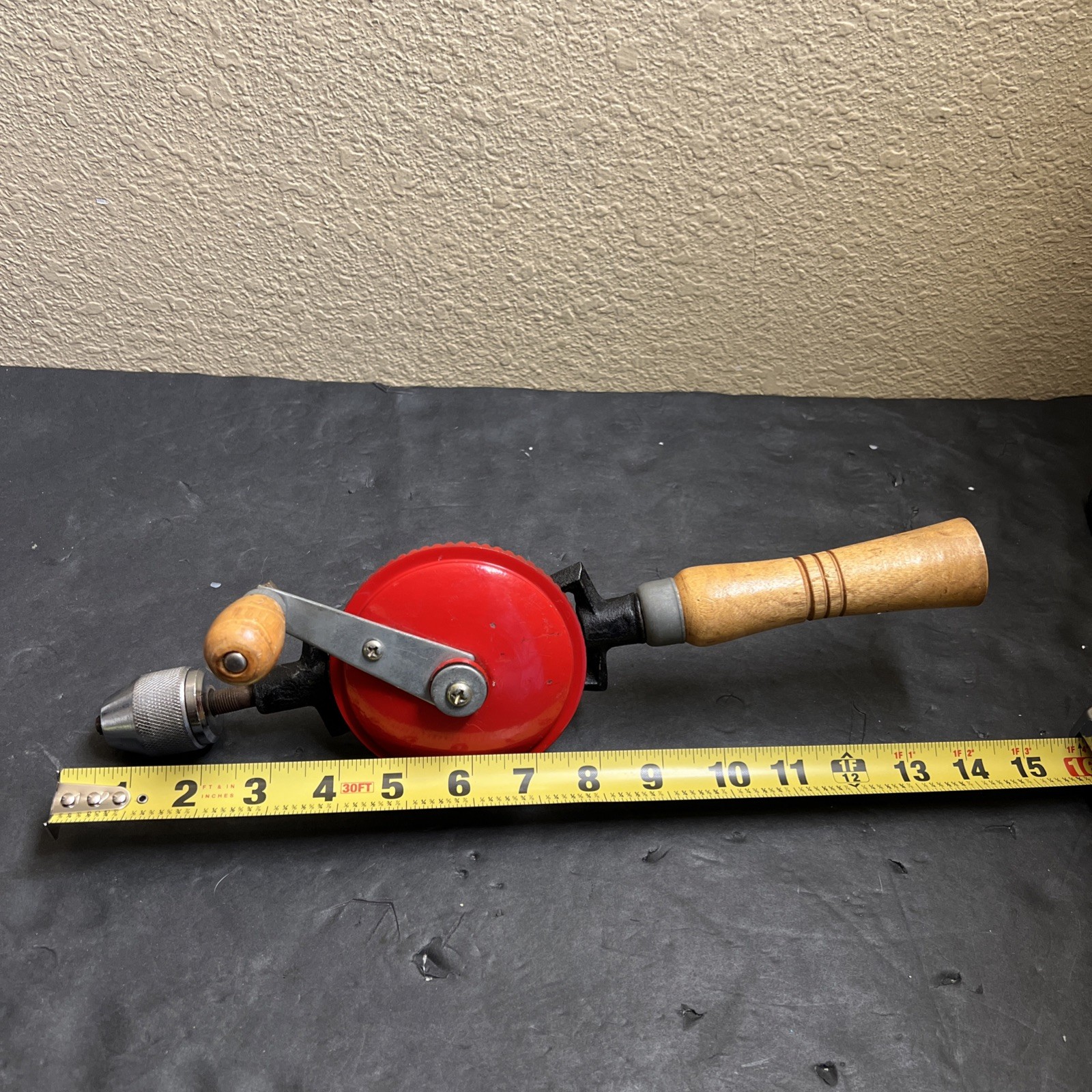 Vintage Hand Drill With Wood Handle/Red Works Pre-owned