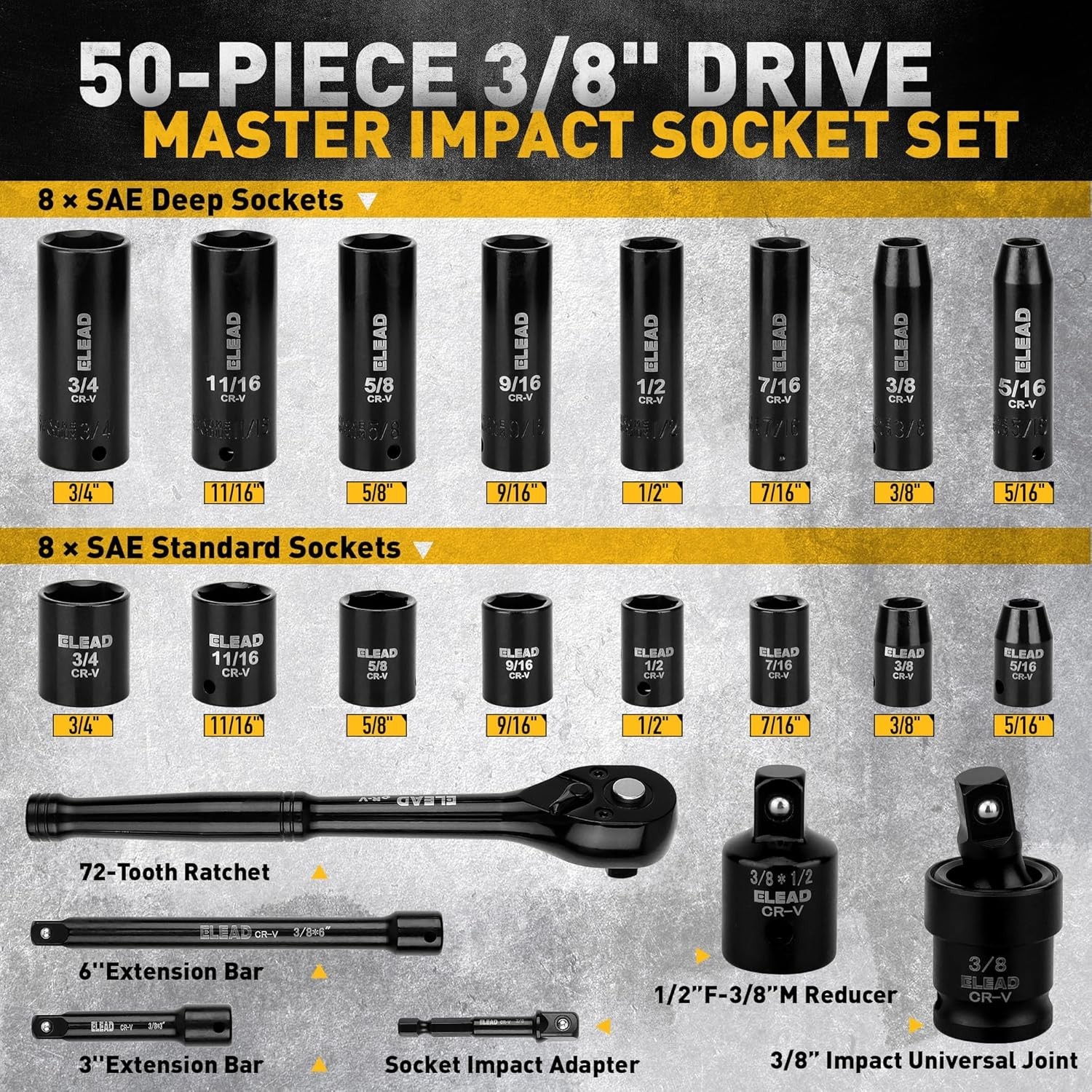 3/8” Drive Impact Socket Set 50-Piece Shallow & Deep Socket Set Metric &