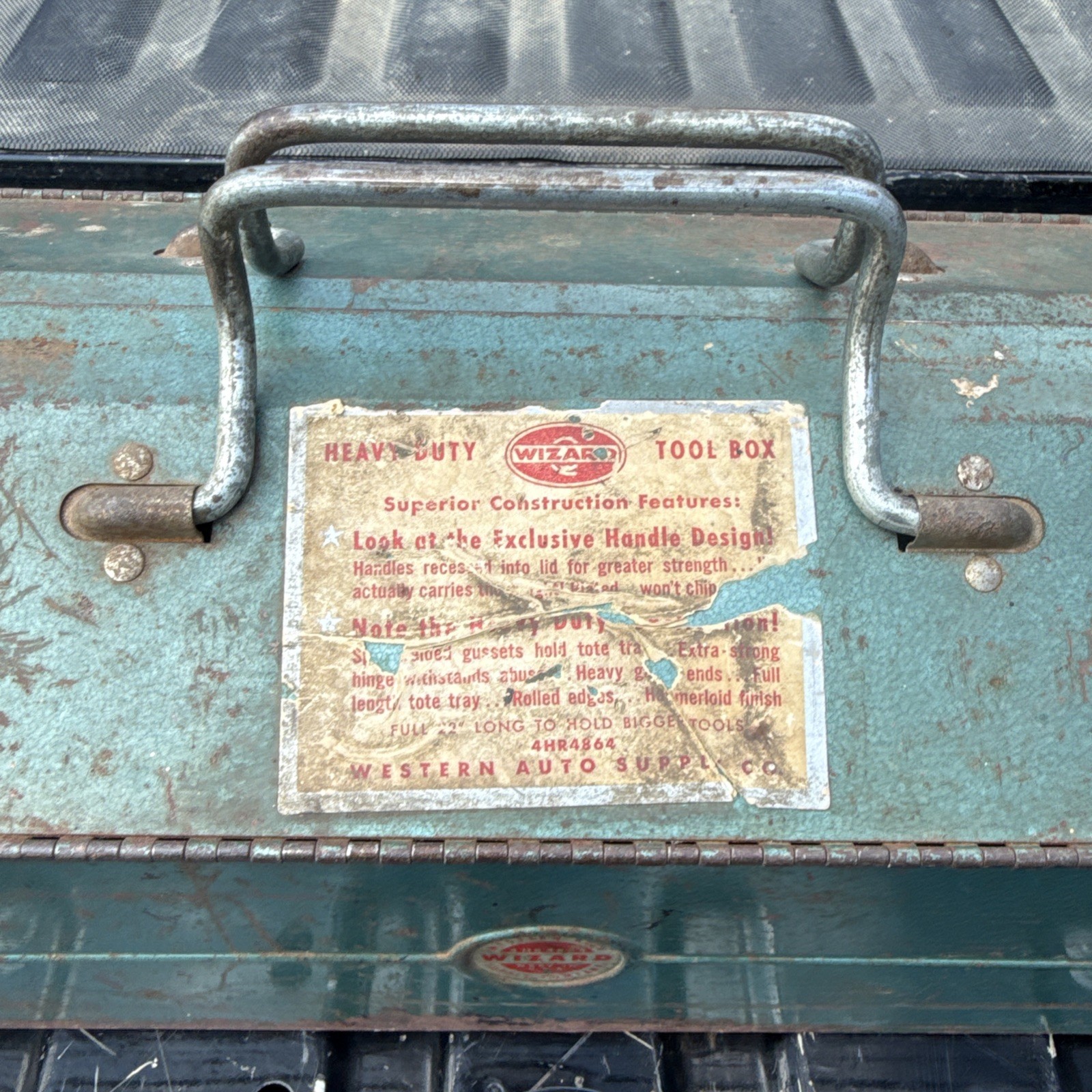 Western Auto Supply Wizard Tool Box w/ Tray 22″ Blue Green Metal Vintage