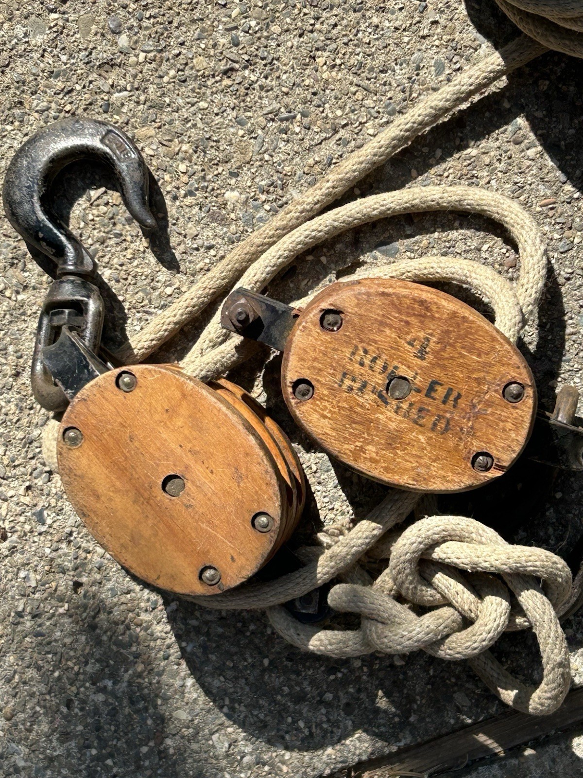Vintage 4″ Boston & Lockport Block Co. Wood & Cast Iron Pulley Lot of Two + Rope