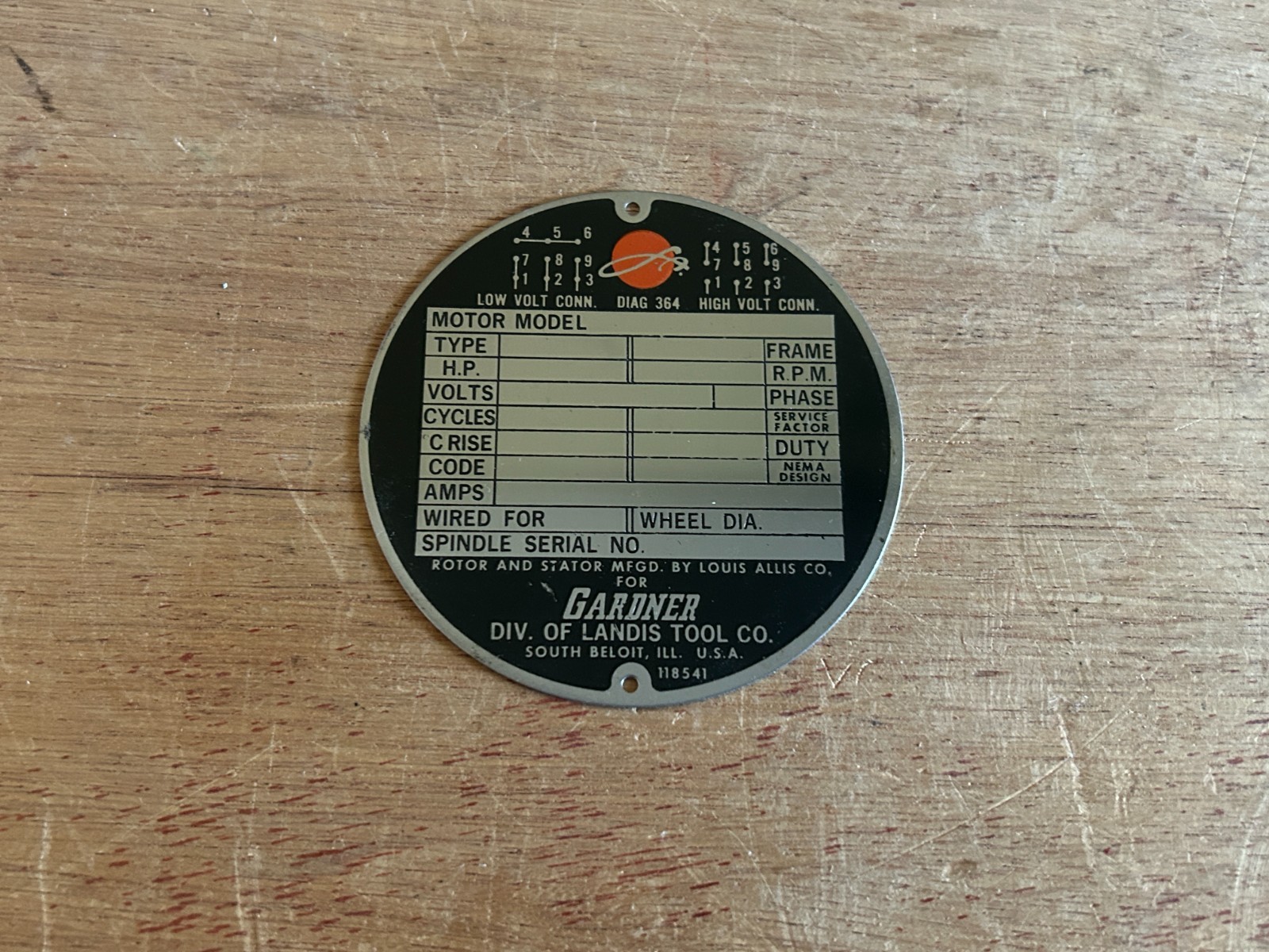 Gardner Landis Tools Machine Motor Tag Plate 3-1/4″ South Beloit IL Vintage