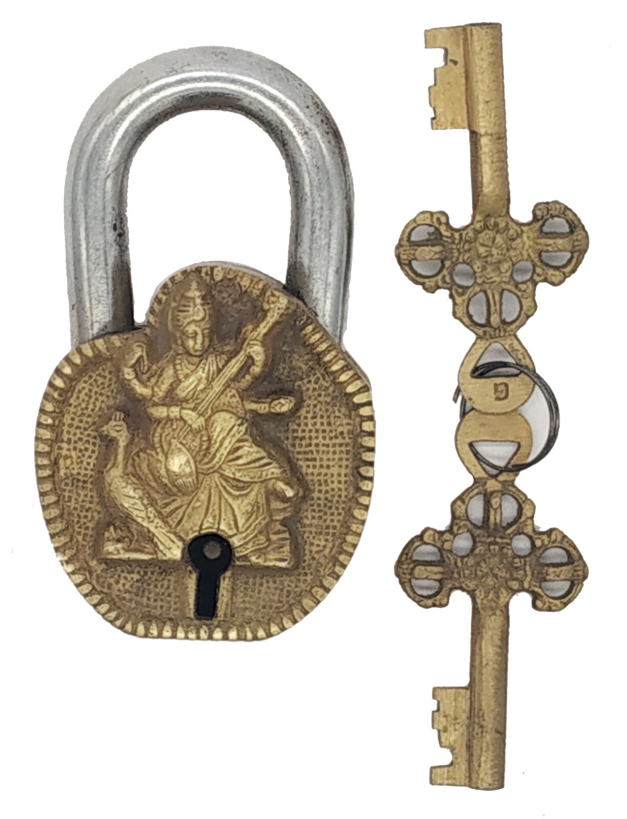 Brass Key Lock Sarasvati Shape Handmade Padlock with 2 Keys antique Lock Gift
