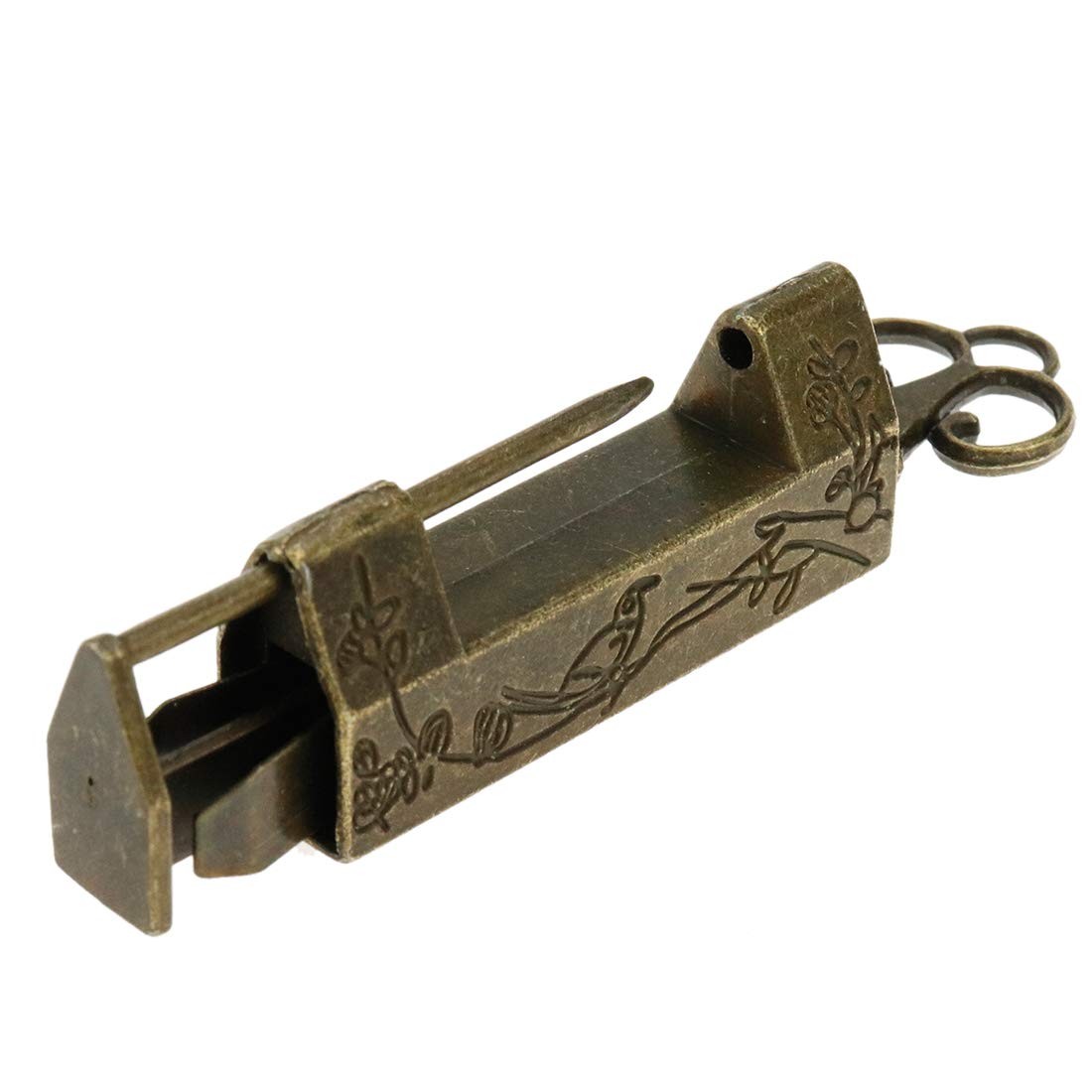 Antique Chinese Lock and Key, Flower Bird Carved Retro Padlock Old Vintage