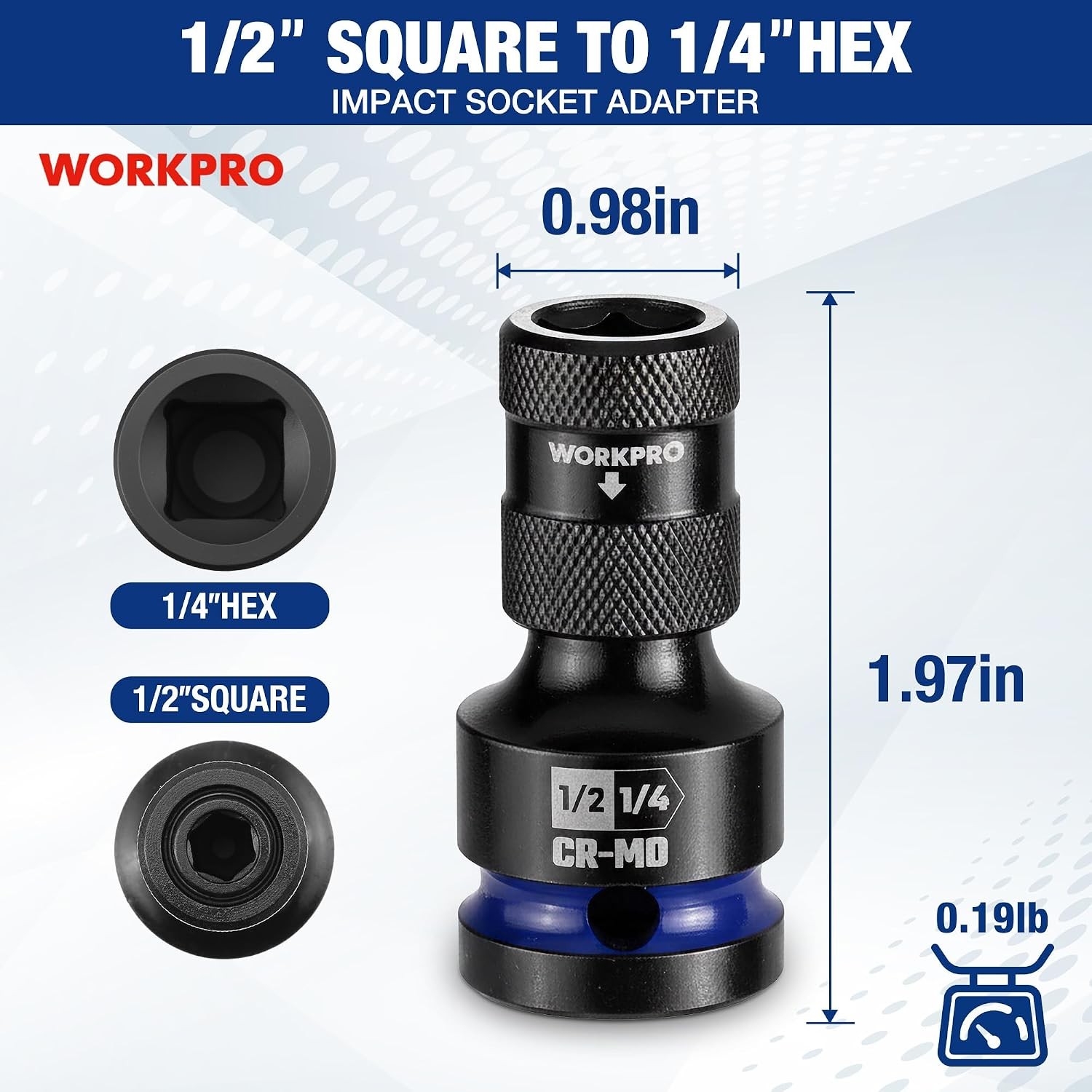 1/2 inch Drive to 1/4 inch Hex Quick Release CR MO Steel Adapter 1/2 inch