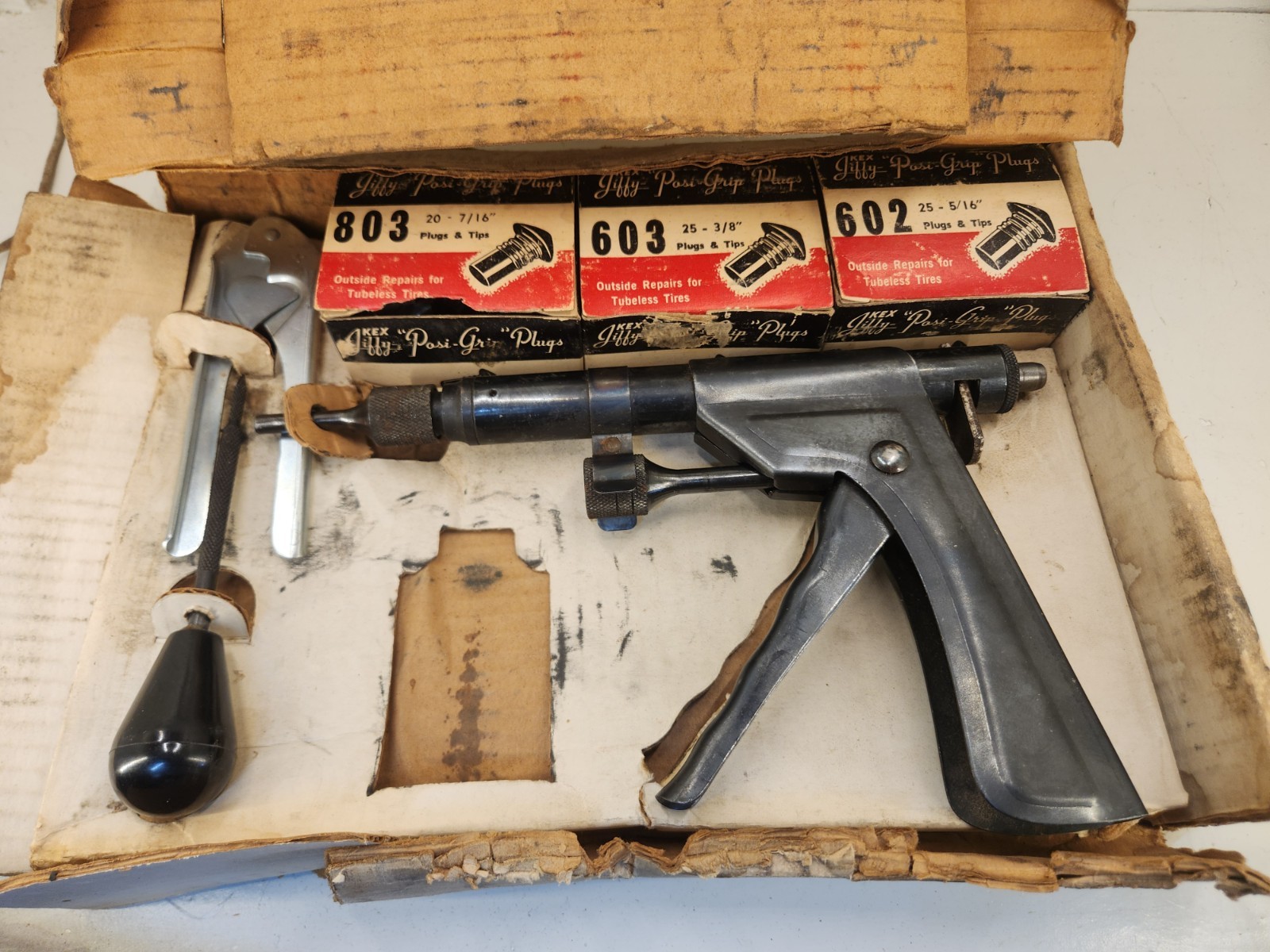 Vintage KEX Jiffy Gun Posi-Grip Tire Plug Repair Tool Kit W/ Plugs, Made In USA