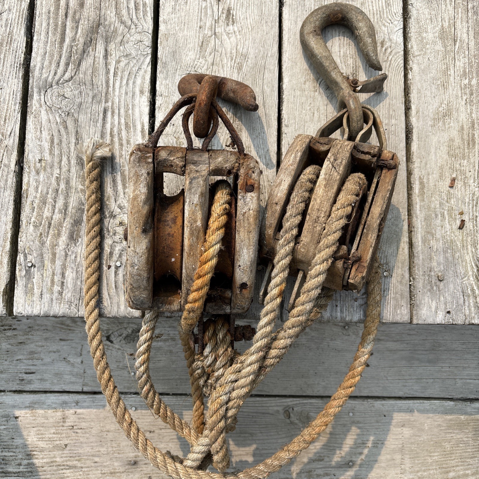 Vintage Nautical Wooden Pulley Blocks w/ Original Rope – Rustic Maritime Decor