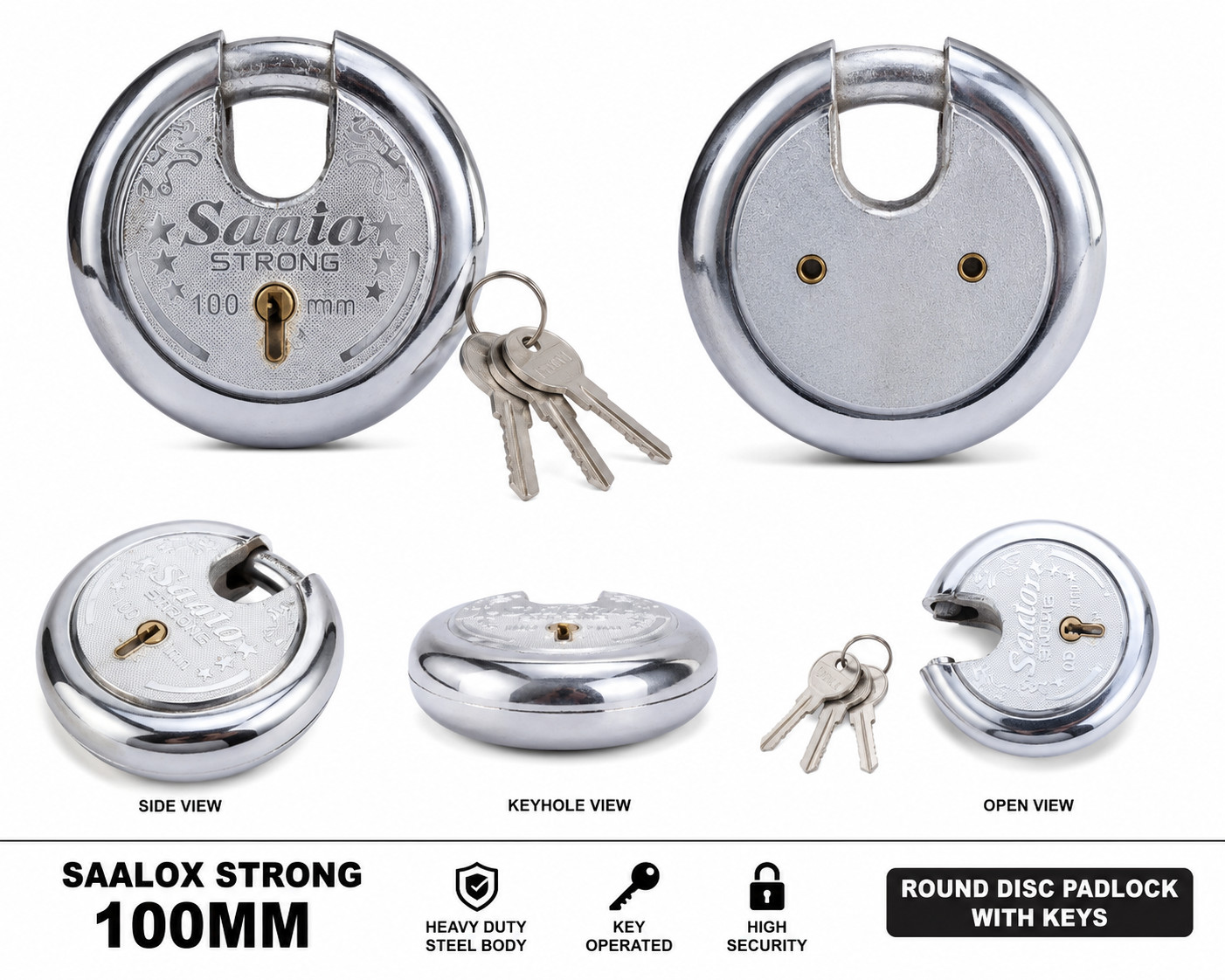 Saalox Strong 100mm Heavy Duty Round Disc Padlock High Security Lock with Keys