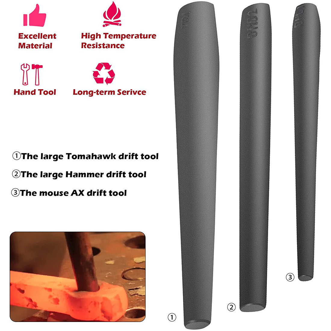 Blacksmith Knifemakers Tomahawk, Large Hammer and Mouse ax Drift Tool Set – 3PCS