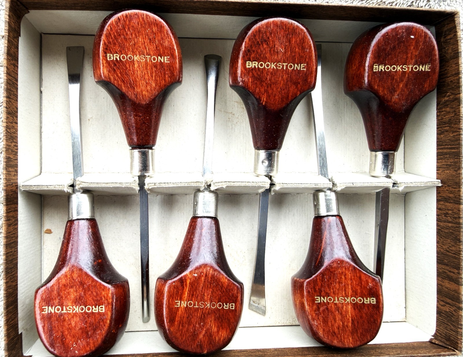 BROOKSTONE PALM CARVING HAND CHISEL GOUGE SET W/ WOOD HANDLES 6 PIECE SET VTG