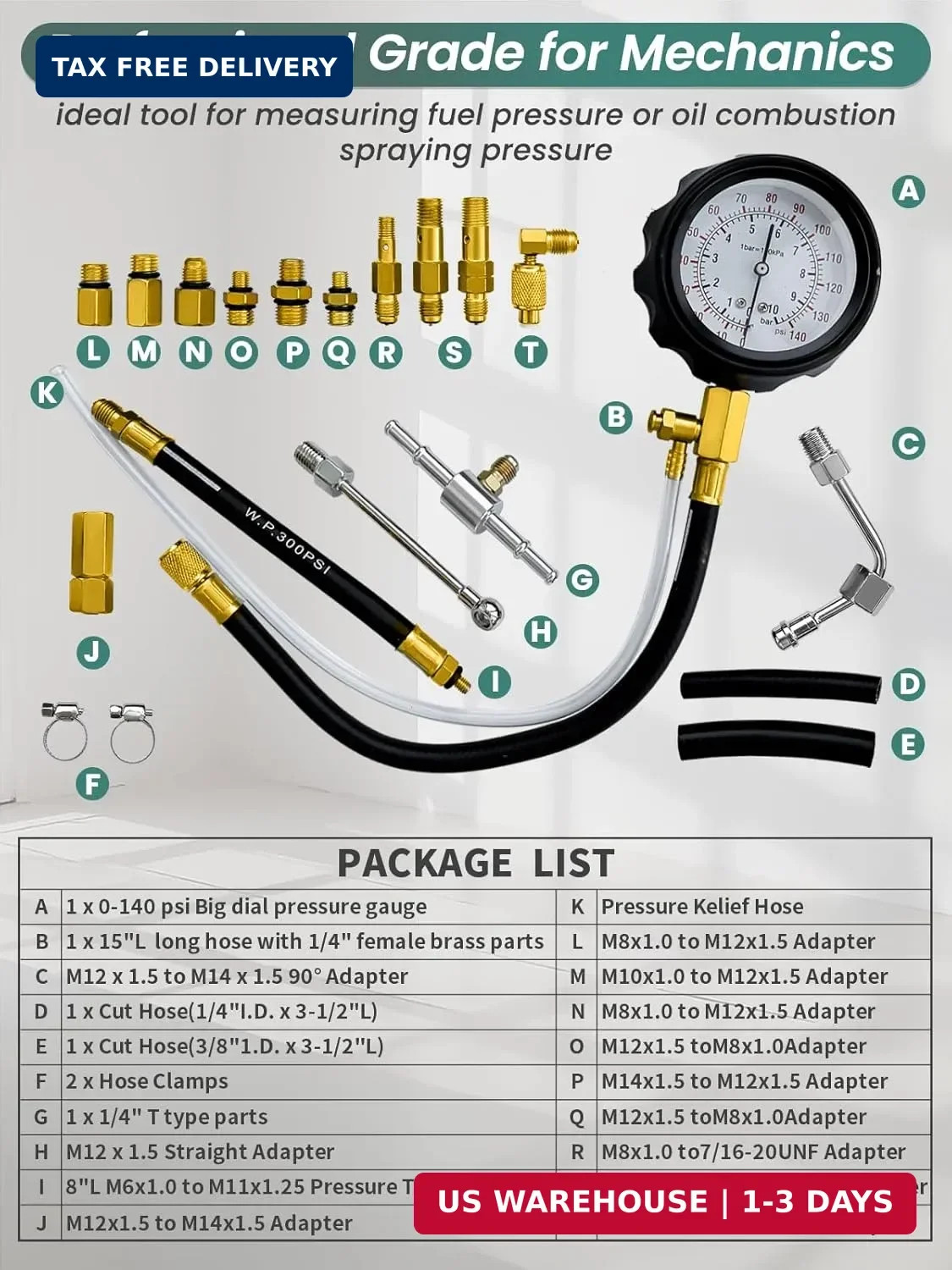 Fuel Pressure Tester Kit 0-140 PSI Gauge for Fuel Injector Gasoline Cars