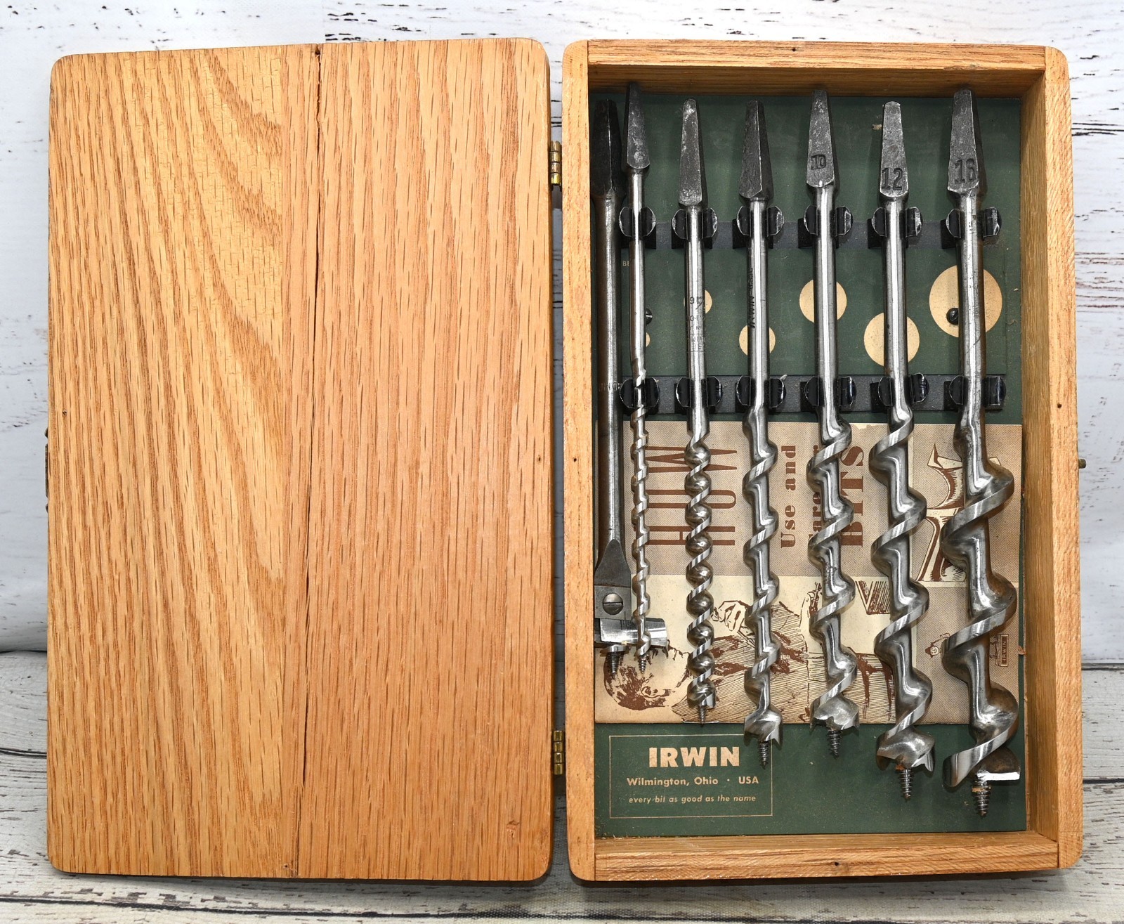 Vtg Irwin Auger Bit Mix Set Wooden Case Wilmington Ohio USA Hand Tool +extra