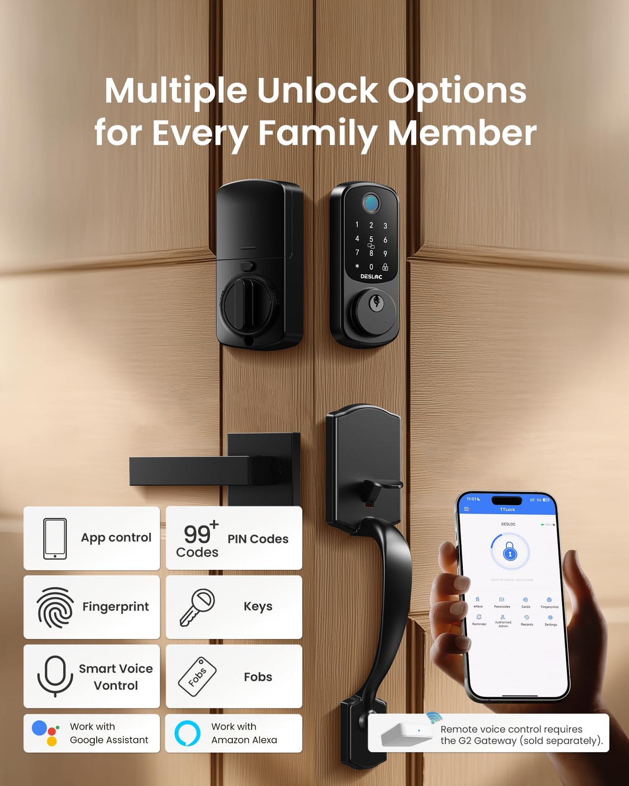 DESLOC B200 Keyless Entry Door Lock with Handle Set, Smart Locks for Black