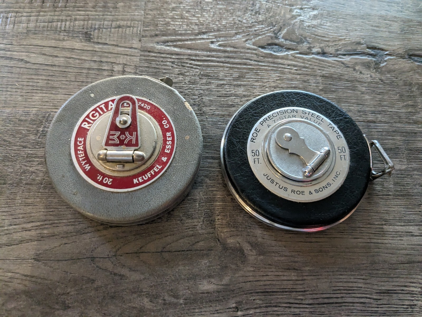 2 Vintage Steel Tapes: K E Wyteface Rigitape #7420 20FT & Roe Precision 50FT
