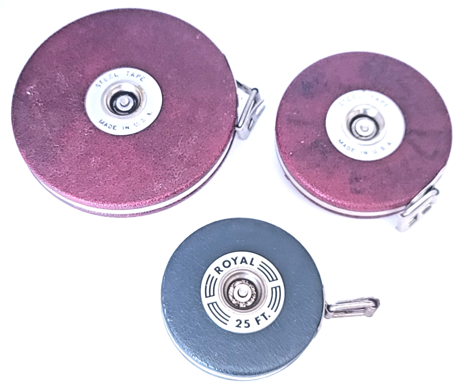 CB50: 3 Vintage Lufkin Steel Tape Measures 100′ 50′ 25′ Lot White Steel, Ni-Clad