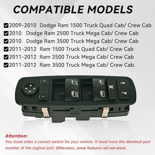 Driver Side Master Power Window Switch 9 Pins + 3Pins Compatible with 2009 20…