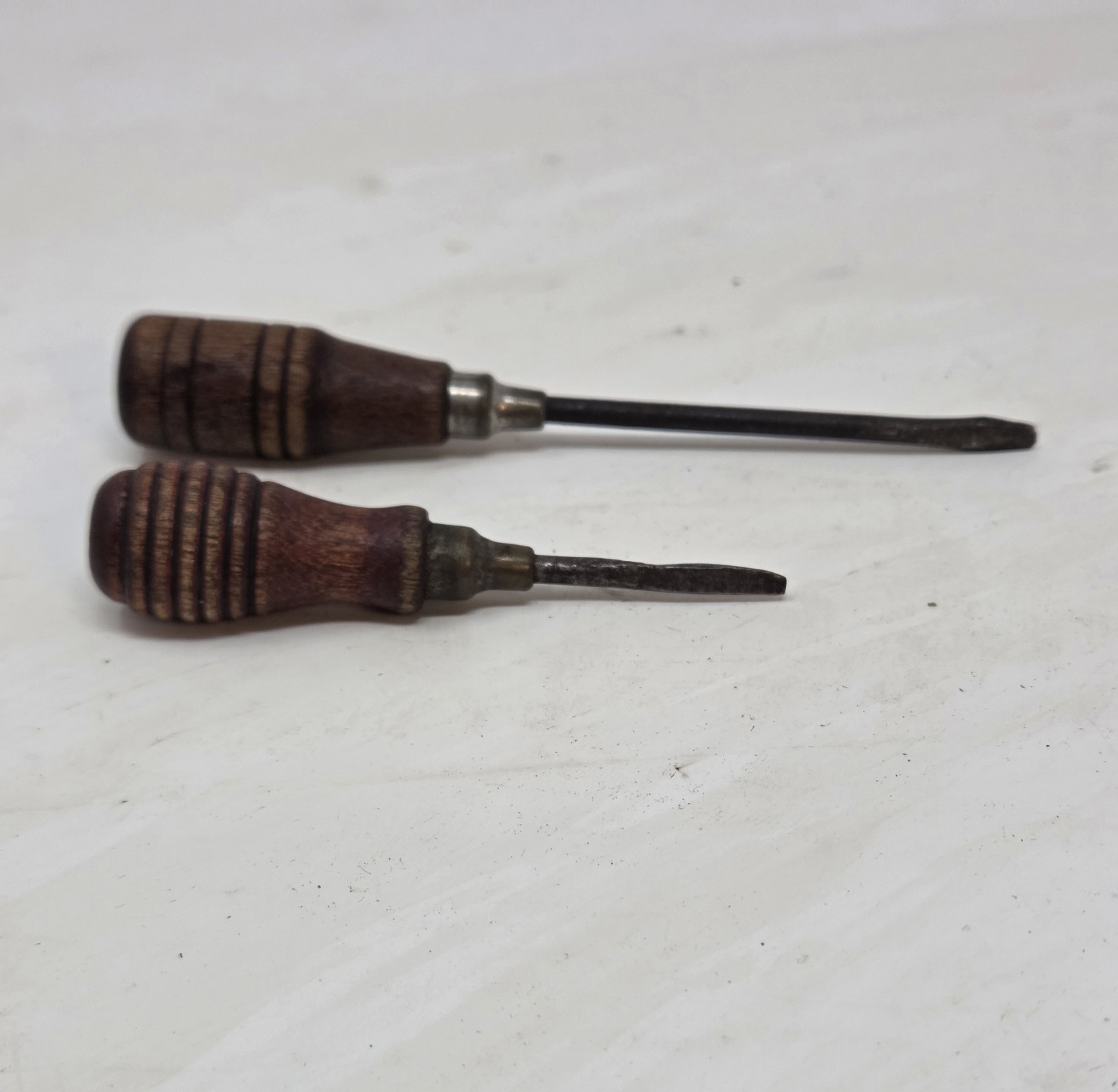 Vintage Flat Blade Screwdriver Pair Turned Wood Handles Brass Nickel Ferrule