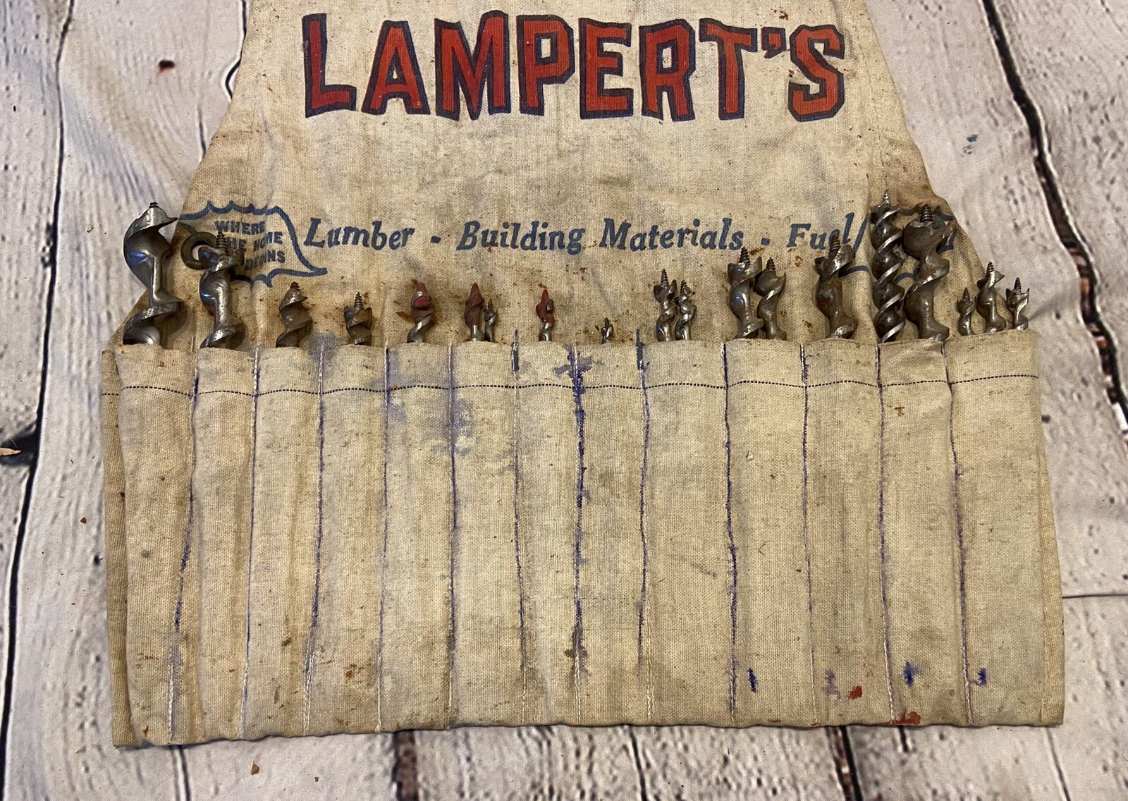 Vintage Lampert’s Lumber Yard Drill Bits Apron Construction Canvas Lot 19 Bits