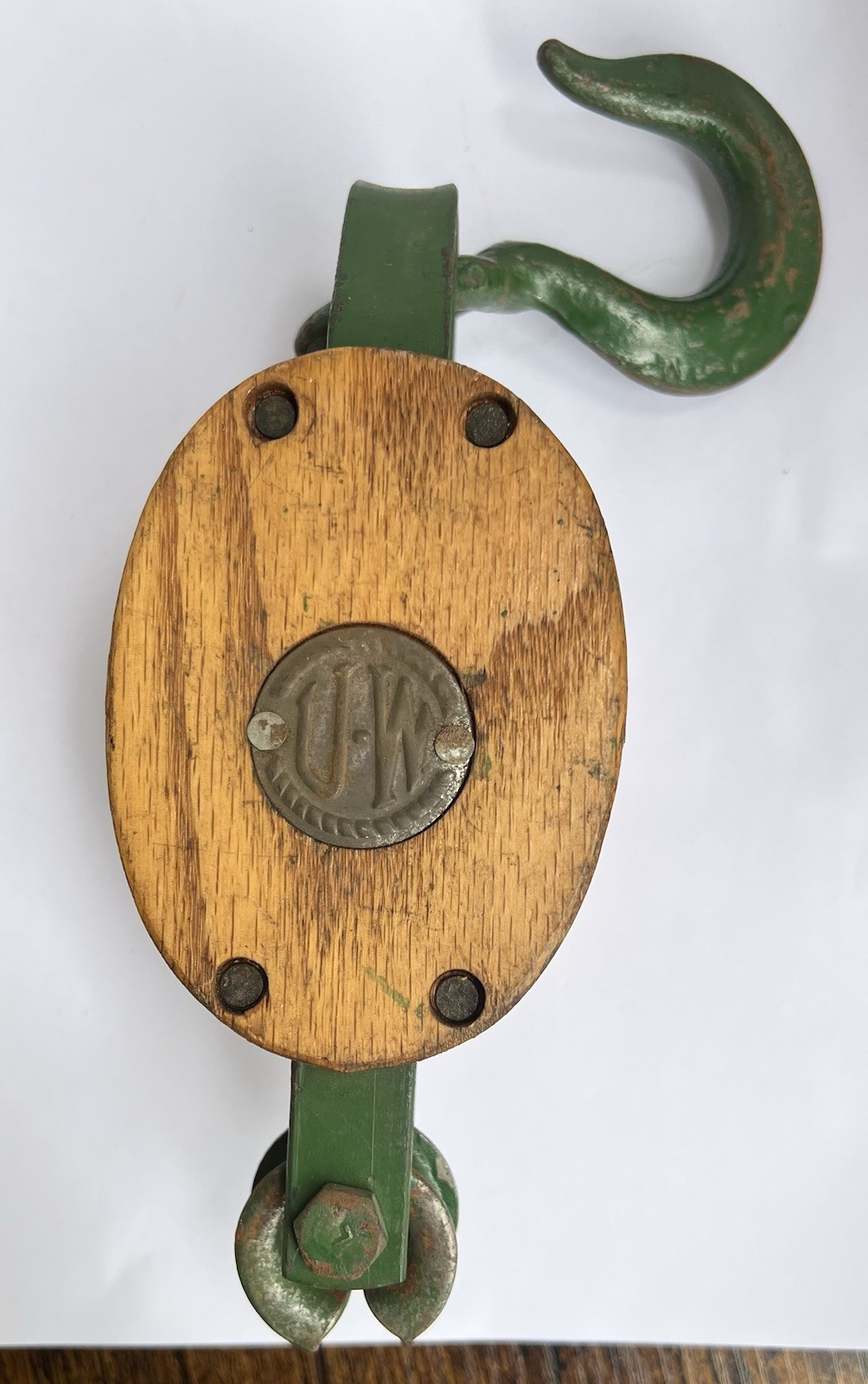Vintage U•W 4 Upson Walton DOUBLE Wood/Steel Block & Tackle Pulley Hook