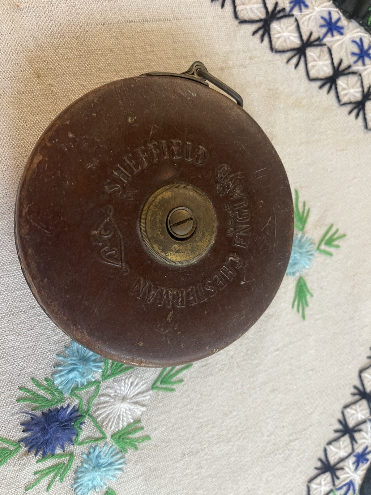 Antique Chesterman Sheffield England Leather & Brass 50Ft. Cloth Measuring Tape