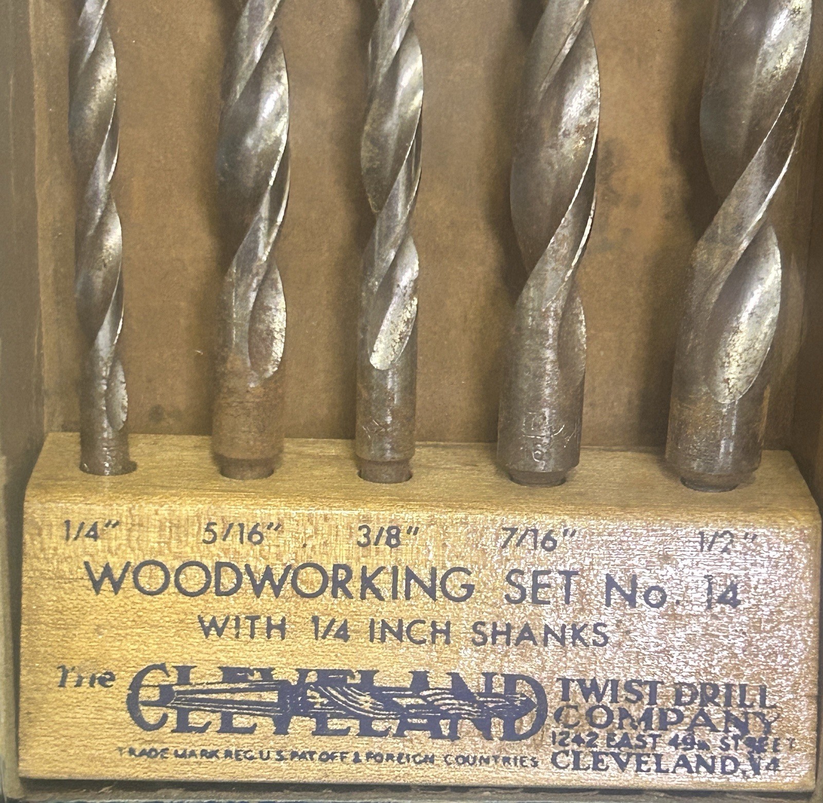 Rare Vintage Cleveland Woodworking Drill Bit Set No. 14 with Original Box & Base