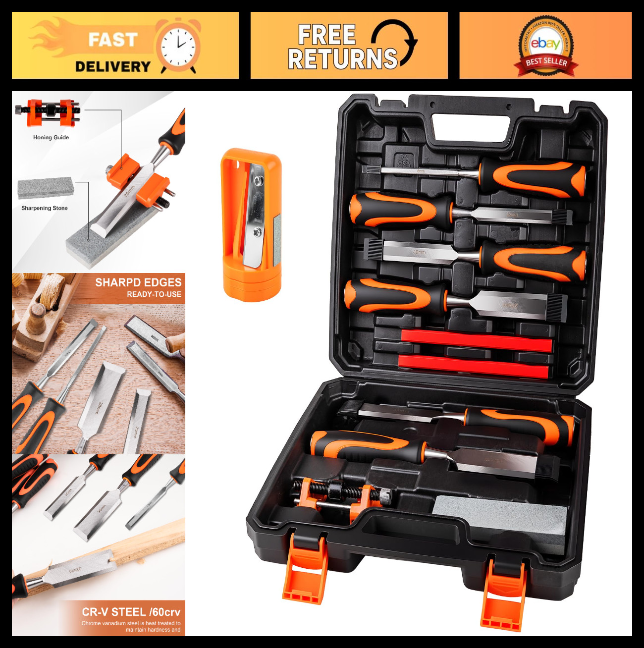 10Pcs Wood Chisel Set with Honing Guide, Sharpening Stone & Pencils – DIY & Pro