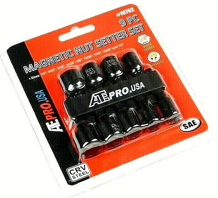 9 pc Magnetic Nut Driver Bit Setter Hex Shank Quick Change Metric and SAE