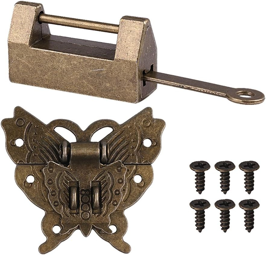 Antique Chinese Locks with Key & Latch Hasp Set, Vintage Jewelry Gift Box Decora