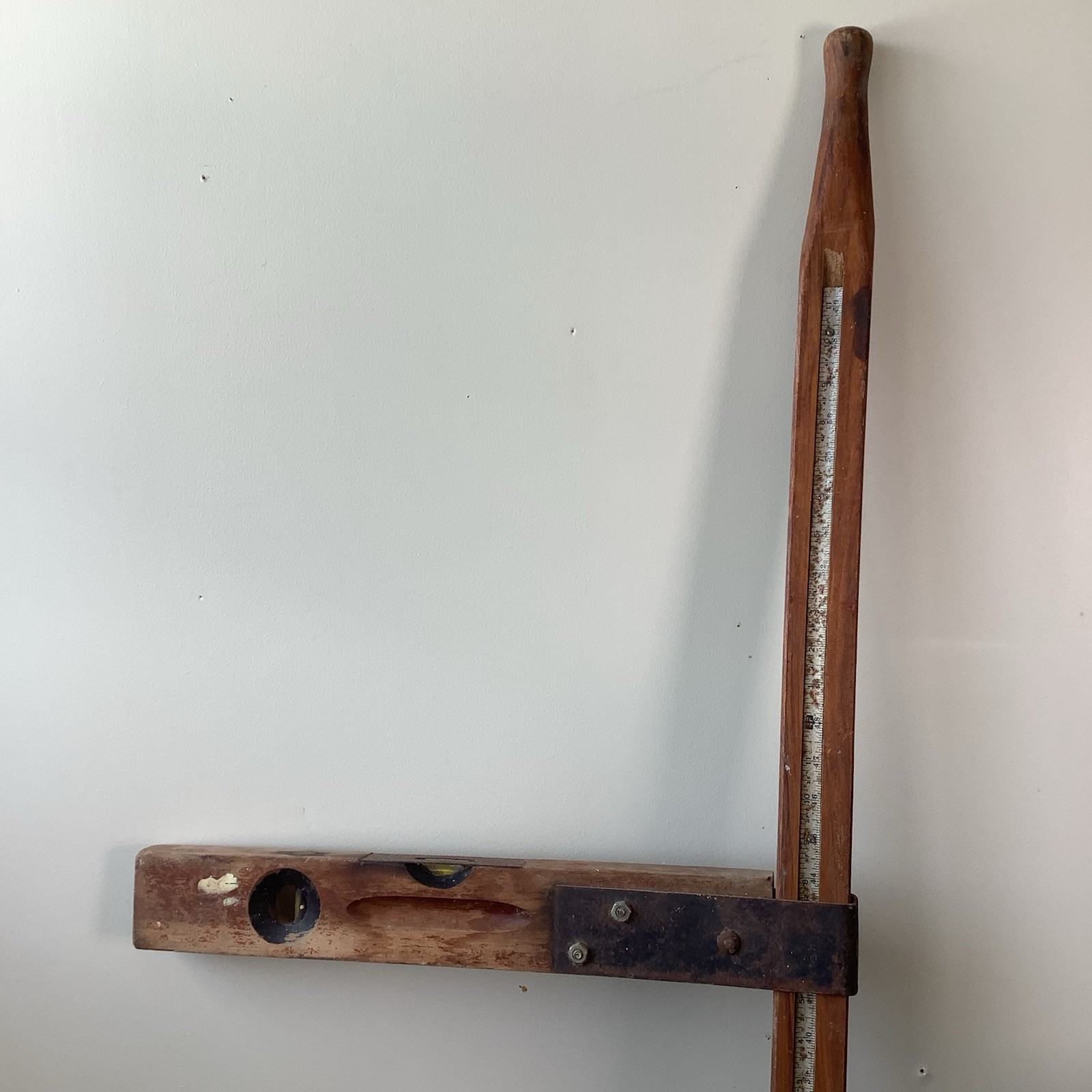 Antique Double Sided Wooden 5ft. Measuring Stick Rule w/ Built-in Level