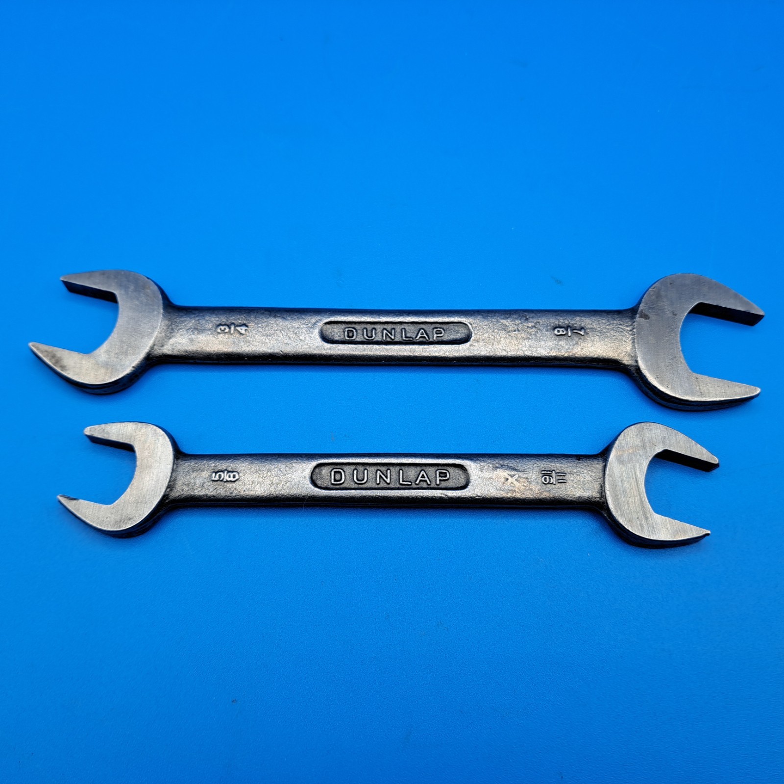 2 Vintage Dunlap 5/8 x 11/16″ & 3/4 x 7/8″ Open End Wrenches, V, Forged in USA
