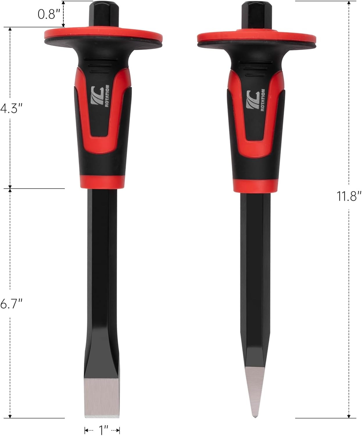 2-Piece Heavy Duty Masonry Chisel Set with Hand Guard, 11 Inch Pointed & Flat Ro