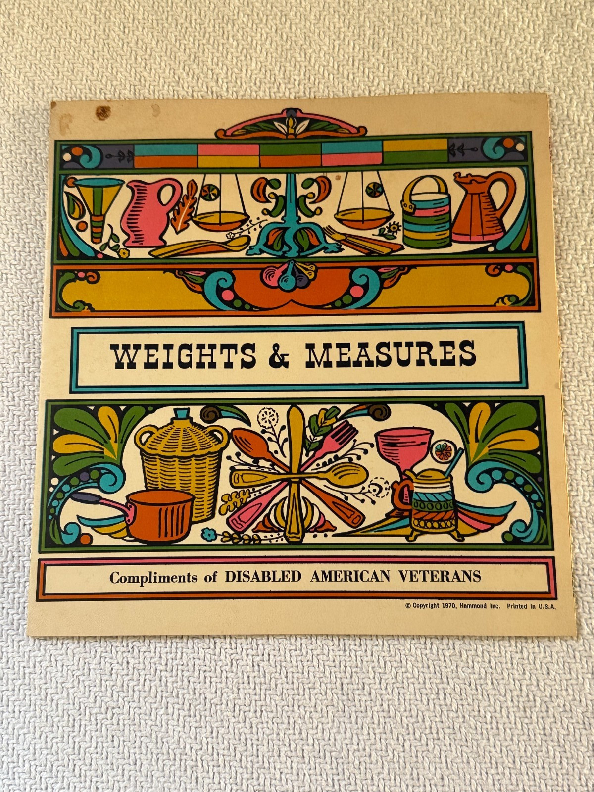 Vintage 1970s Weights & Measures Calories Paper Foldable Chart Hammond Inc. USA