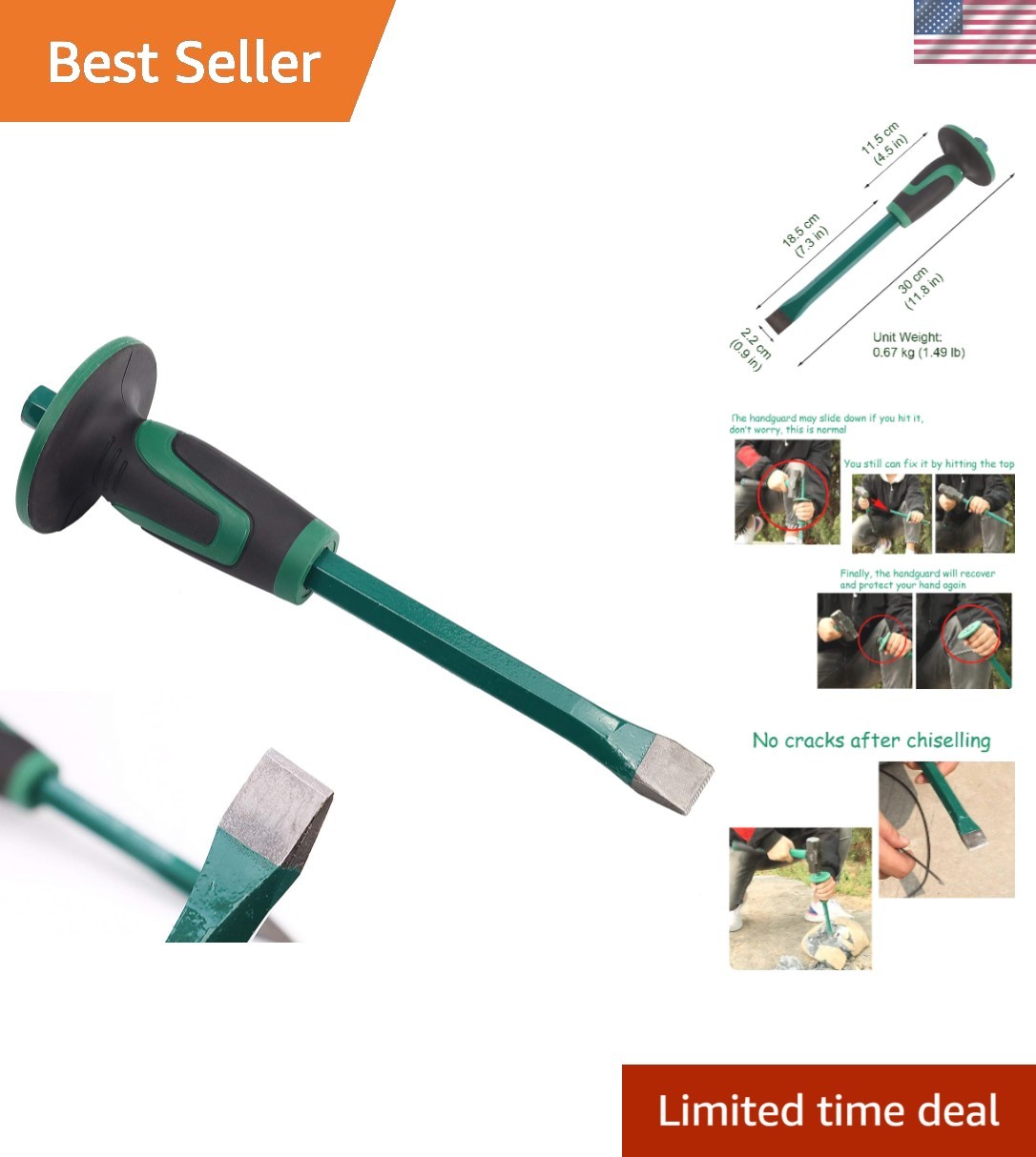 12-Inch Heavy Duty Masonry Chisel with Rubber Hand Guard & Shock-Absorb Handle