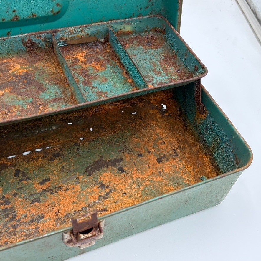 Vintage Metal Toolbox Tray Green Loc-Well Industrial Rusty Patina Display 13x5x6