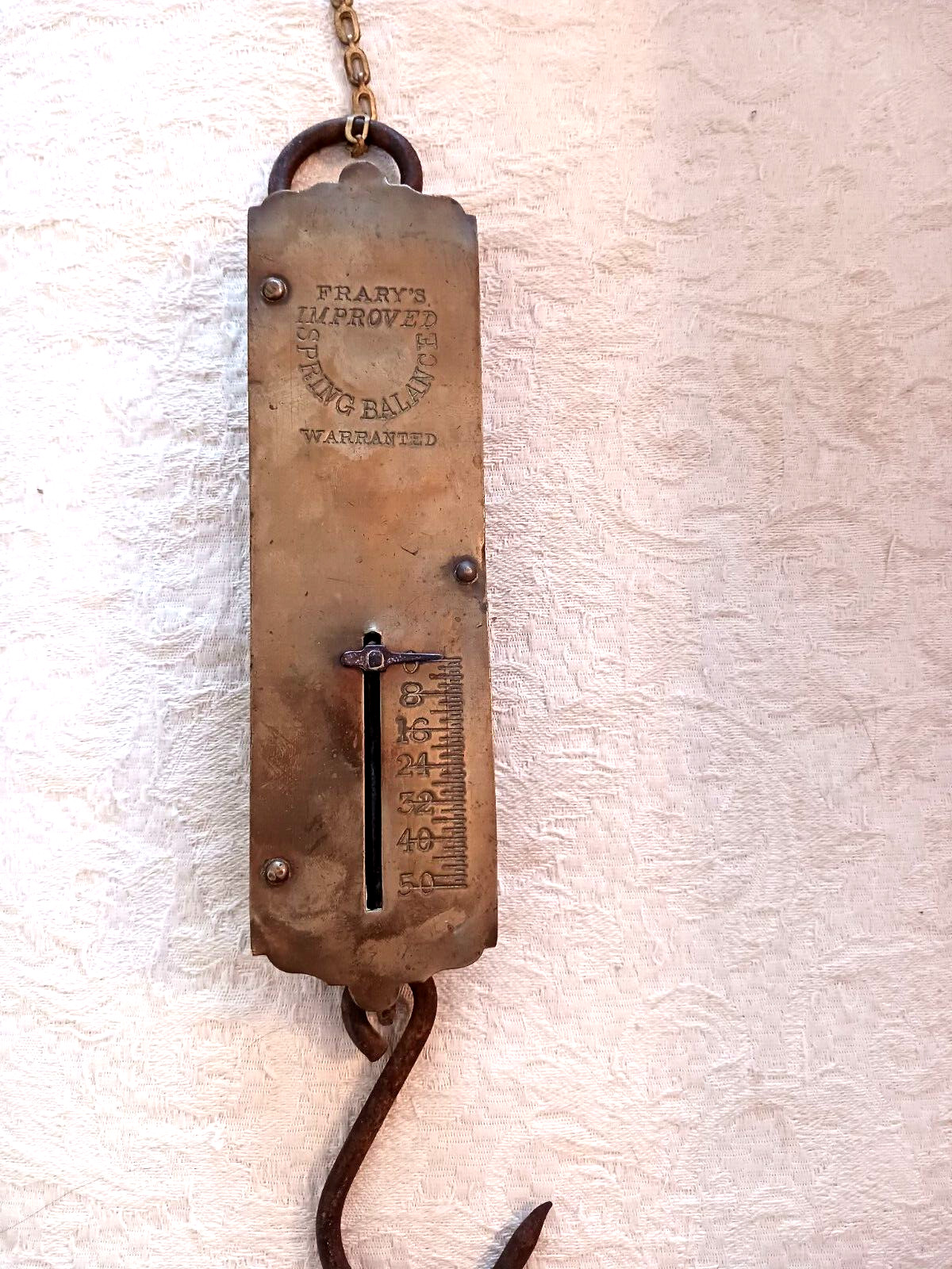 Antique Frary’s Hanging Scale Improved Spring Balance 50 Lb Brass & Cast Iron