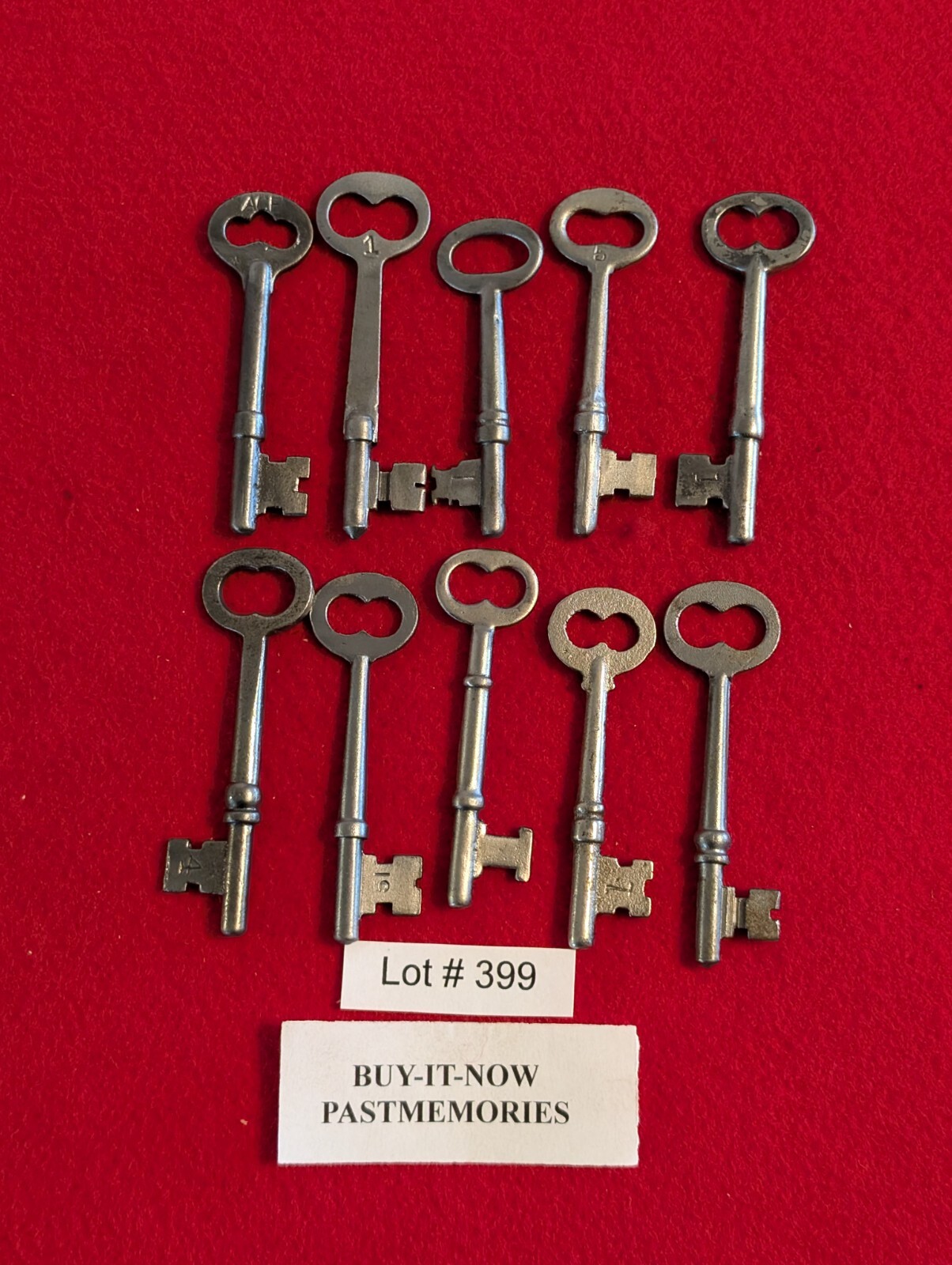 LOT OF 10 OLD VINTAGE ANTIQUE SKELETON KEYS c1880’s, CLEANED-NO RUST!!! LOT#399