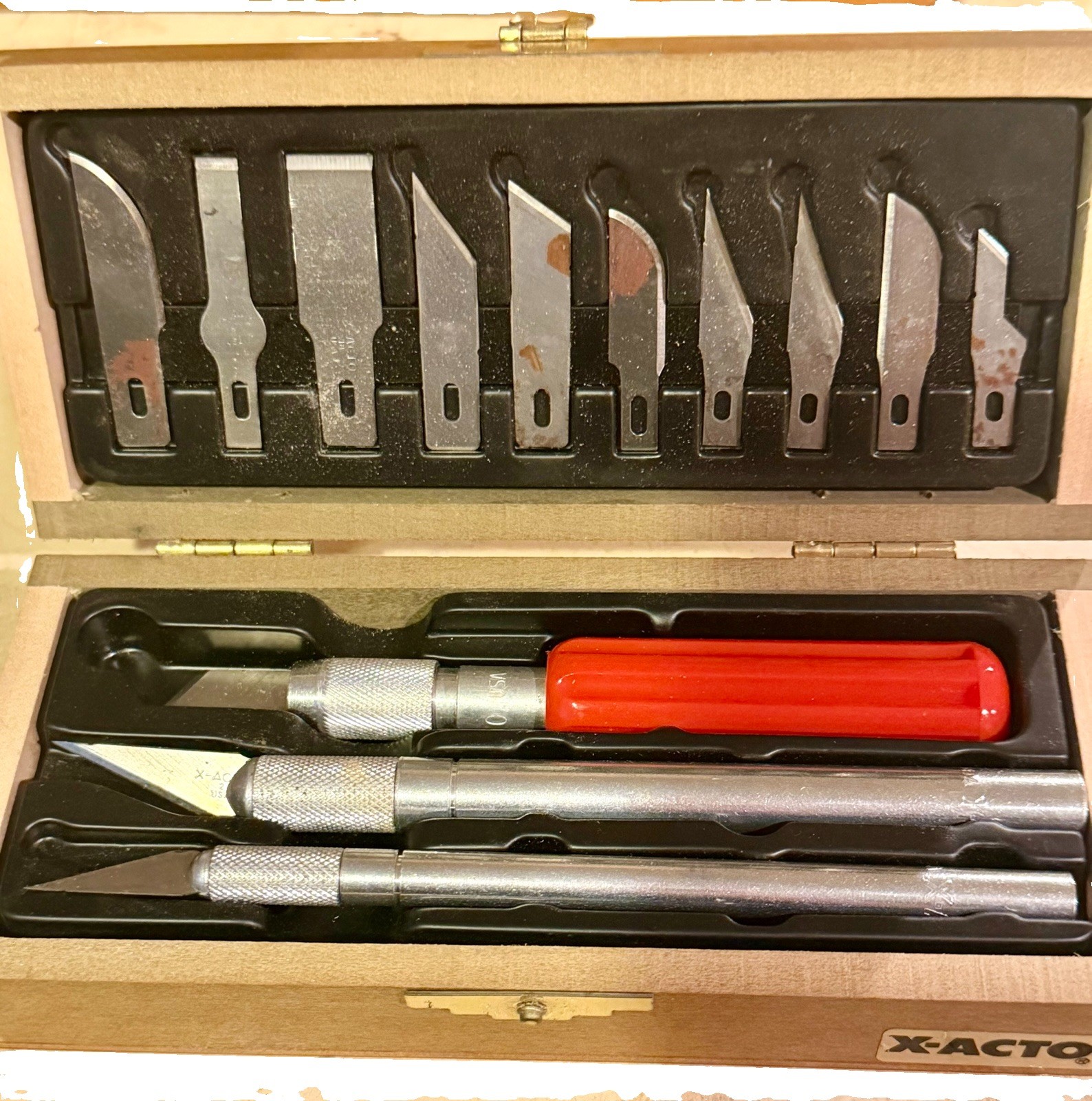Vintage X-ACTO Deluxe Hobby Knife Set Wood Box Complete 3 Handles 10 Blades