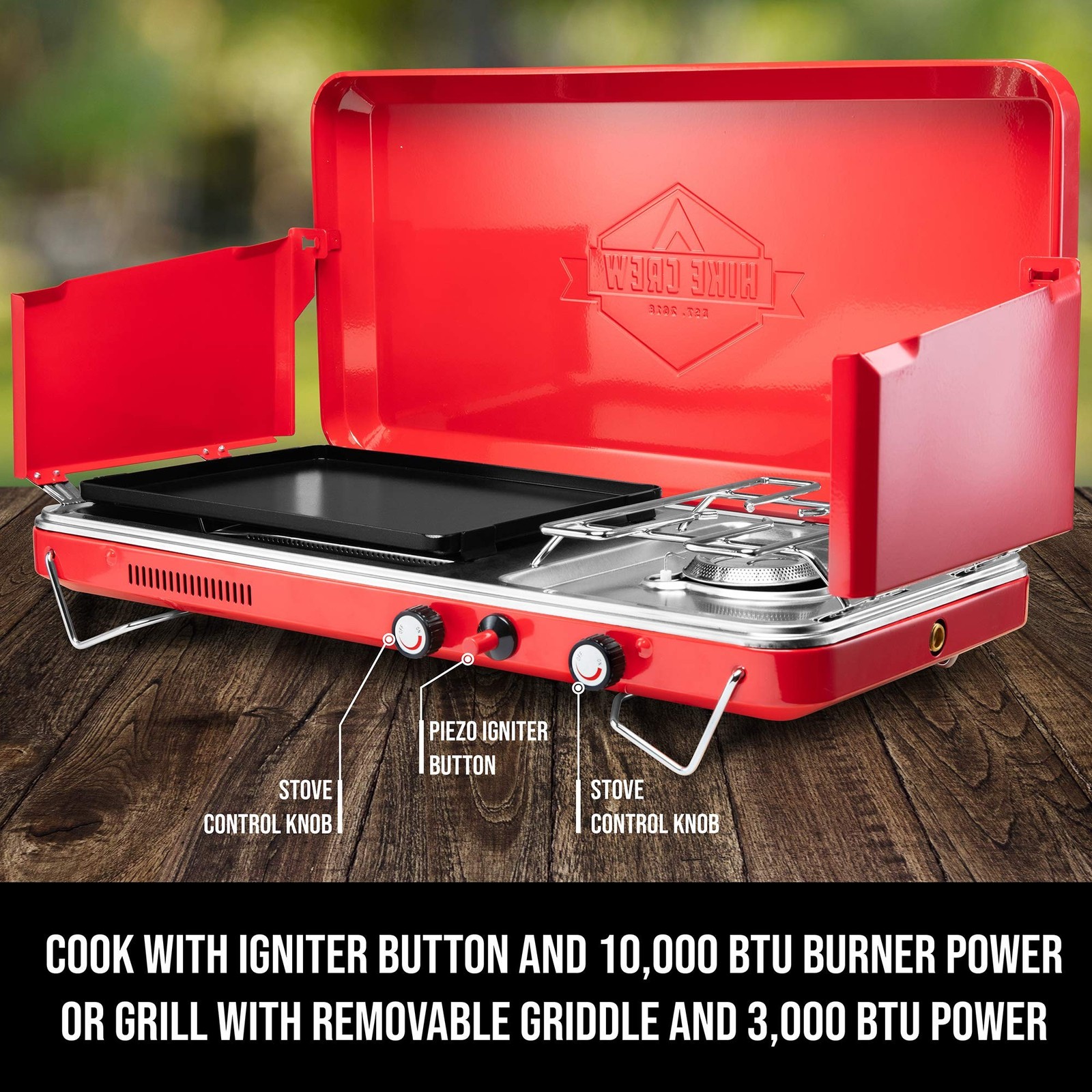 Hike Crew 2-in-1 Gas Camping Stove and Griddle, Portable Propane Burner w/Int…