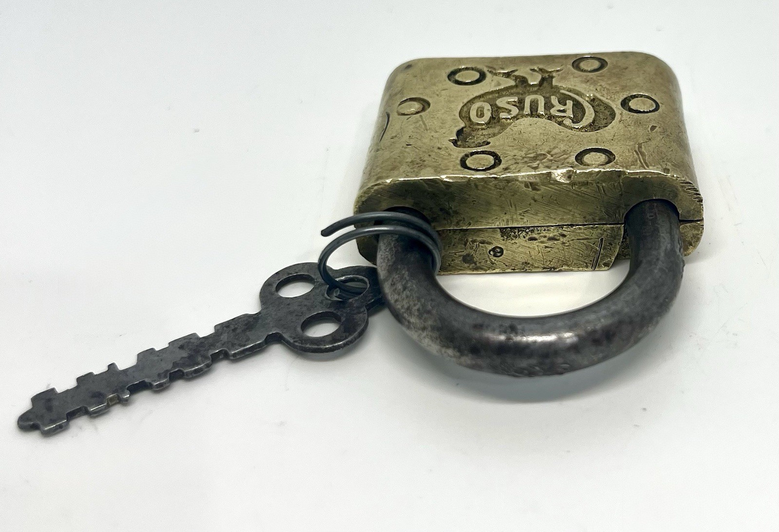 Antique CRUSO Rooster Brass & Steel Warded Padlock with Original Key
