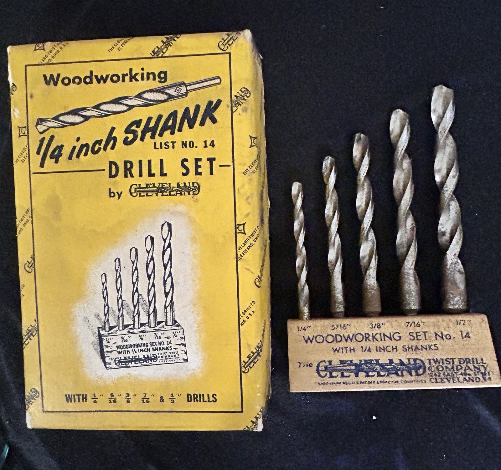 Rare Vintage Cleveland Woodworking Drill Bit Set No. 14 with Original Box & Base
