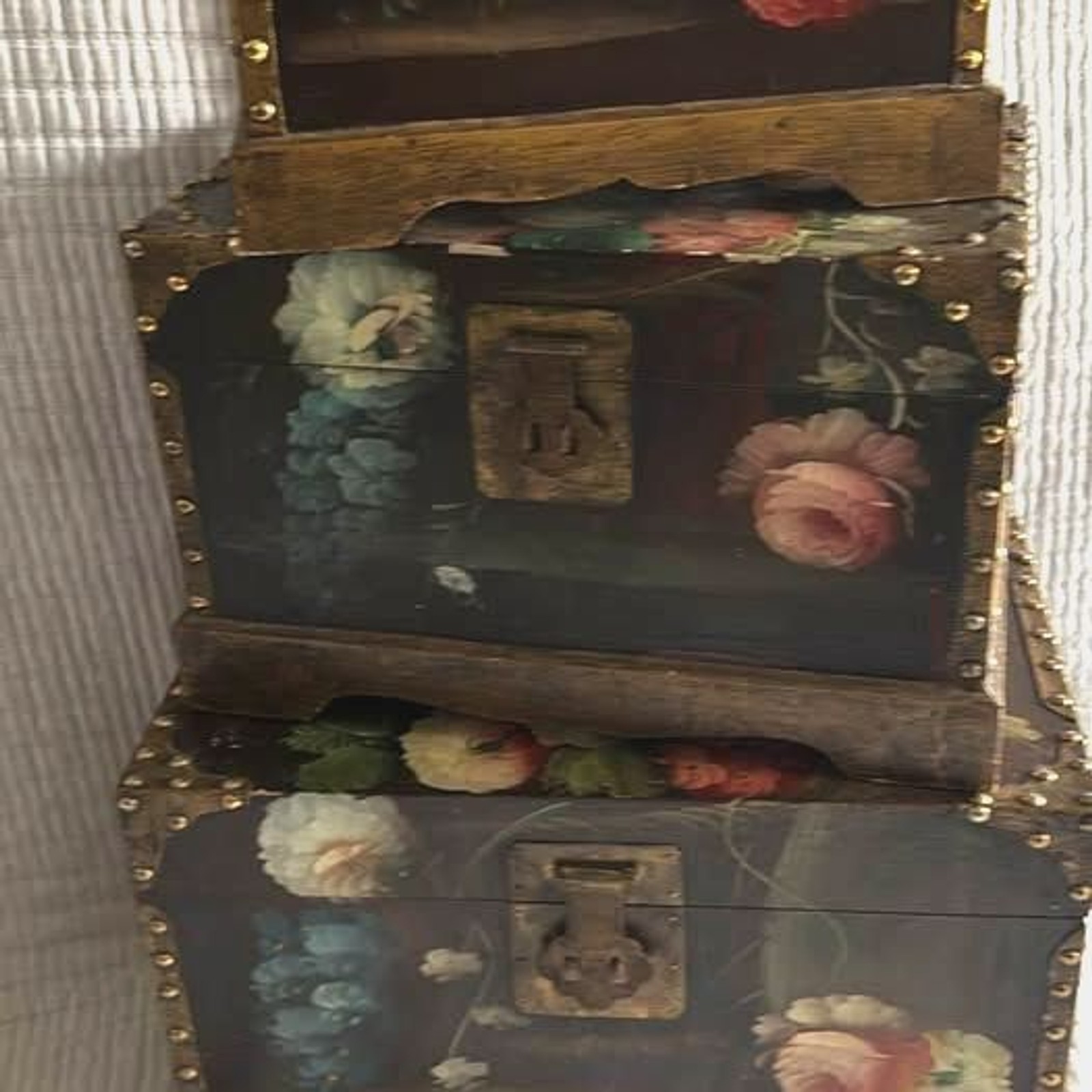Set of 3 Antique Floral Hand Painted Wood Nesting Boxes