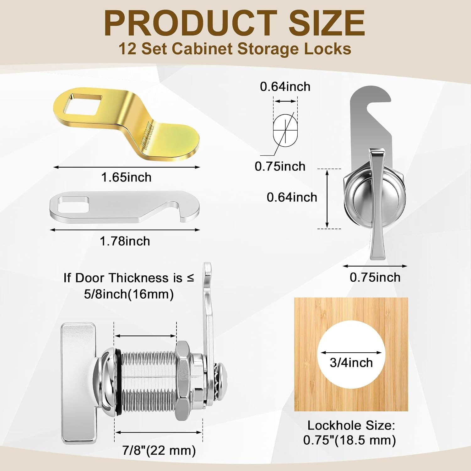 12 Sets 7/8” Thumb Operated Offset Cam Lock, 7/8” Cylinder Fits on 5/8” Max Door