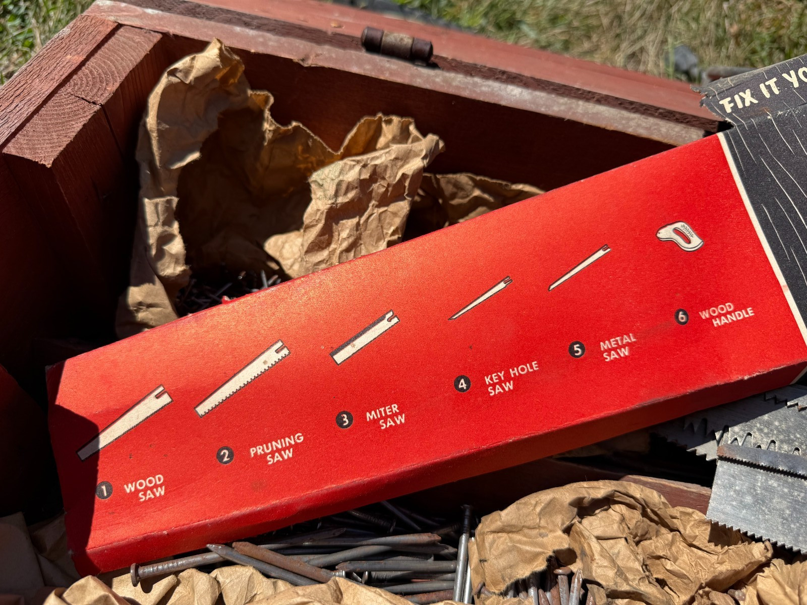 Vtg Handmade TOOLBOX Solid Wood Red Painted W/ Carpenter’s Supplies 25 x 10 x 8