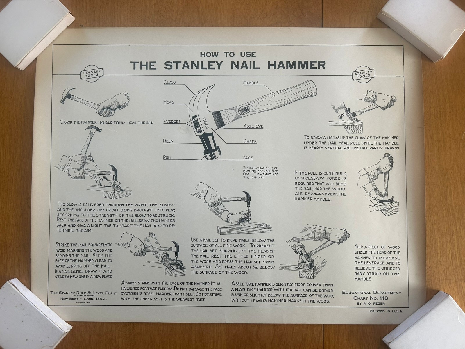 Vintage 1930 Stanley Tools Instructional Poster No. 118 – Stanley Nail Hammer