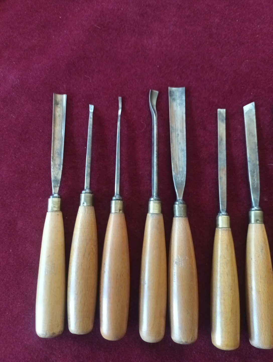 Vintage M & C of London twelve Cast Steel Carving Chisels with Beech Handles