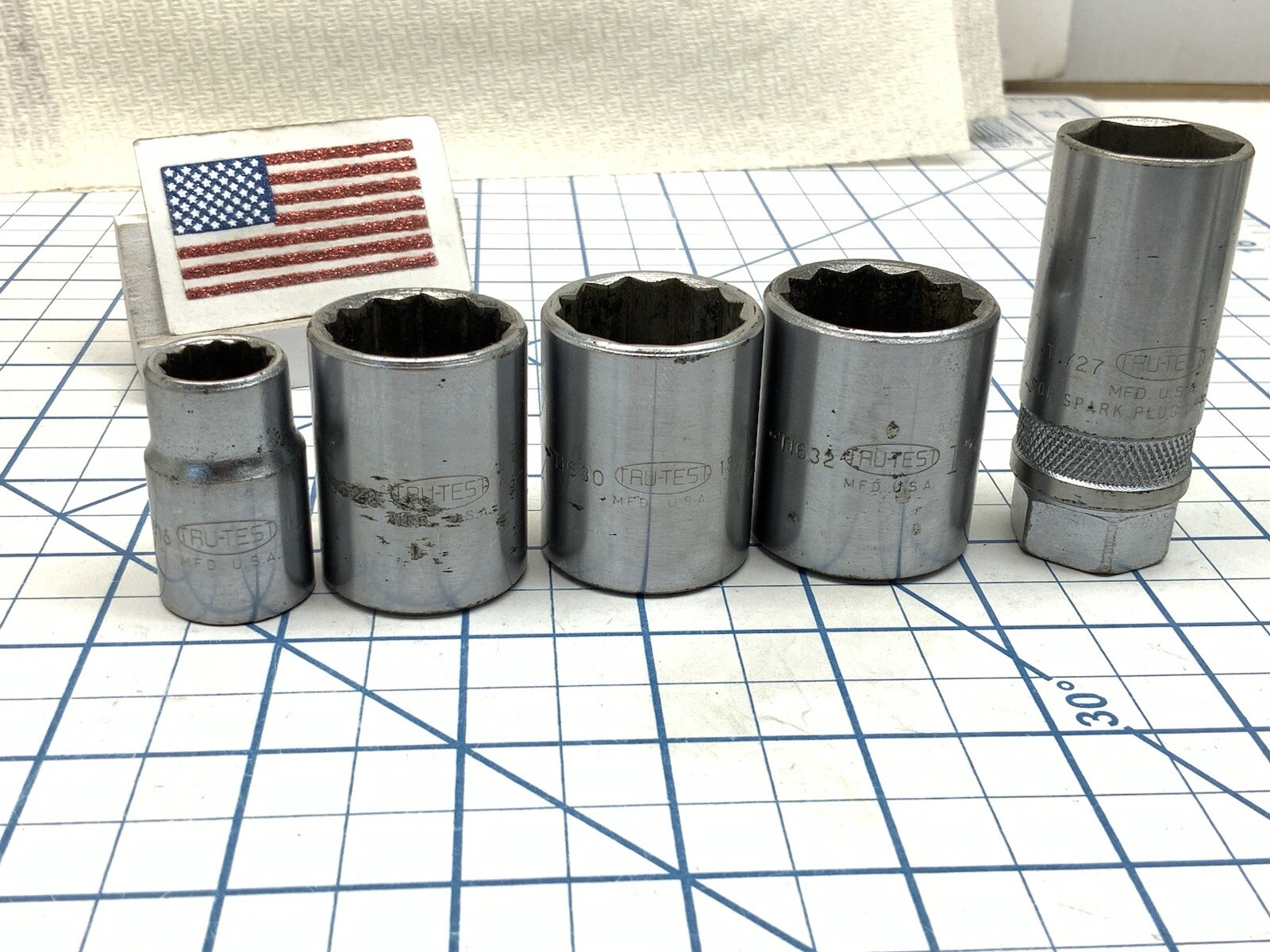 TRU-TEST 5pc 1/2 drive Sockets, 1/2, 7/8, 15/16, 1in., 13/16 Spark Plug, USA