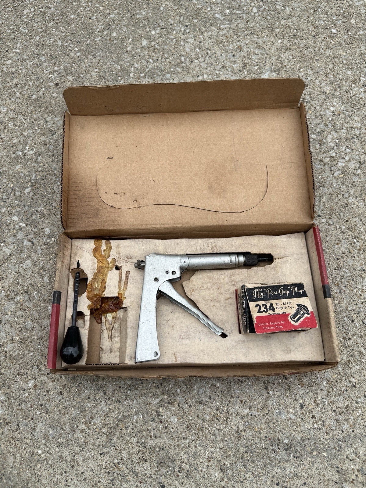 Vintage KEX Jiffy Gun #600 Tire Plug Repair Tool Kit W/ Plugs, Made In USA