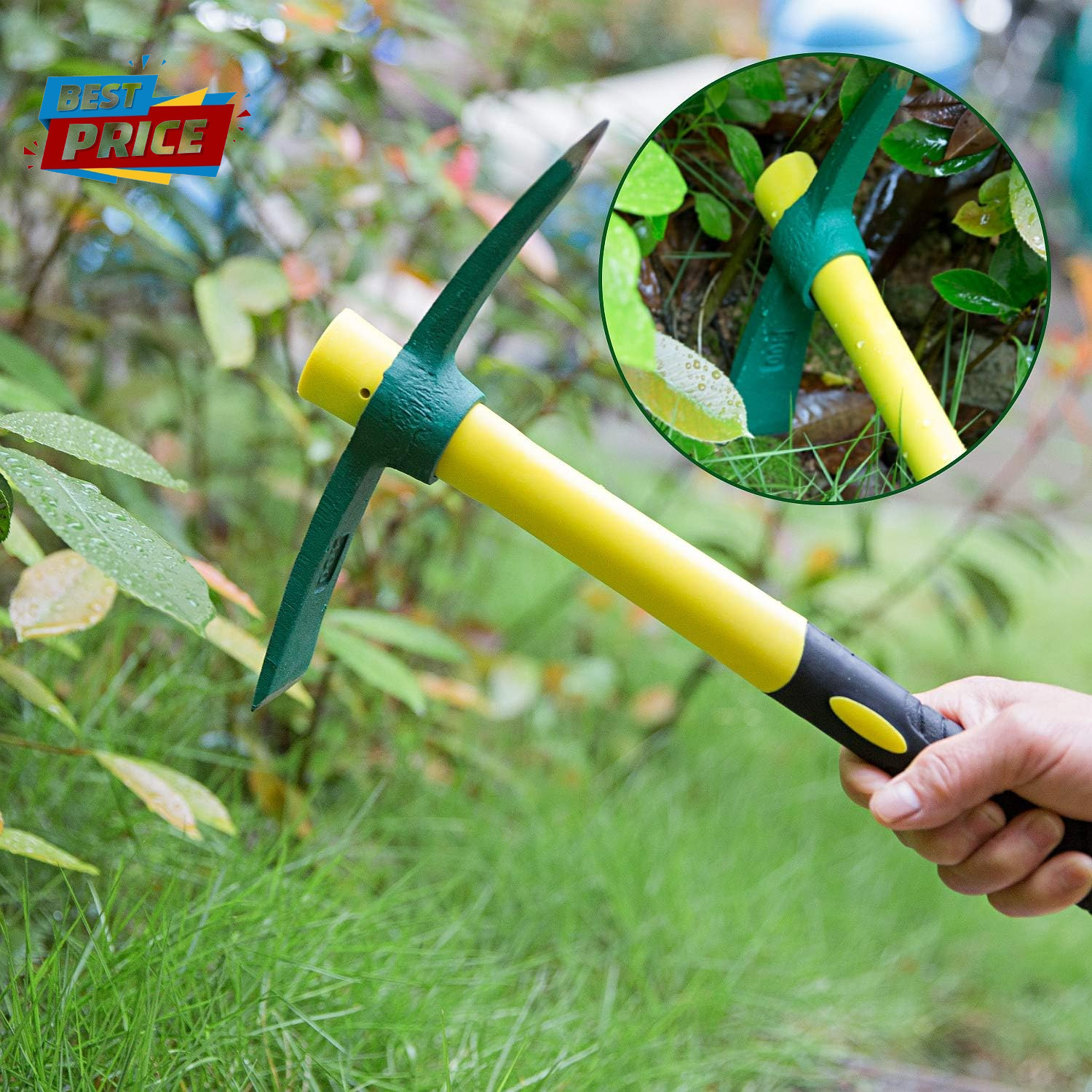 15 Inch Pick Mattock Hoe, 1.4Lbs Forged Weeding Garden Pick Axe Pickaxe with Fib